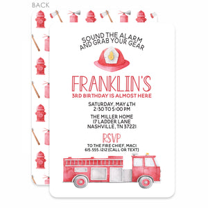 Firetruck birthday invitation - watercolor design. Printed on thick cardstock, with the option to upload a photo to the back side