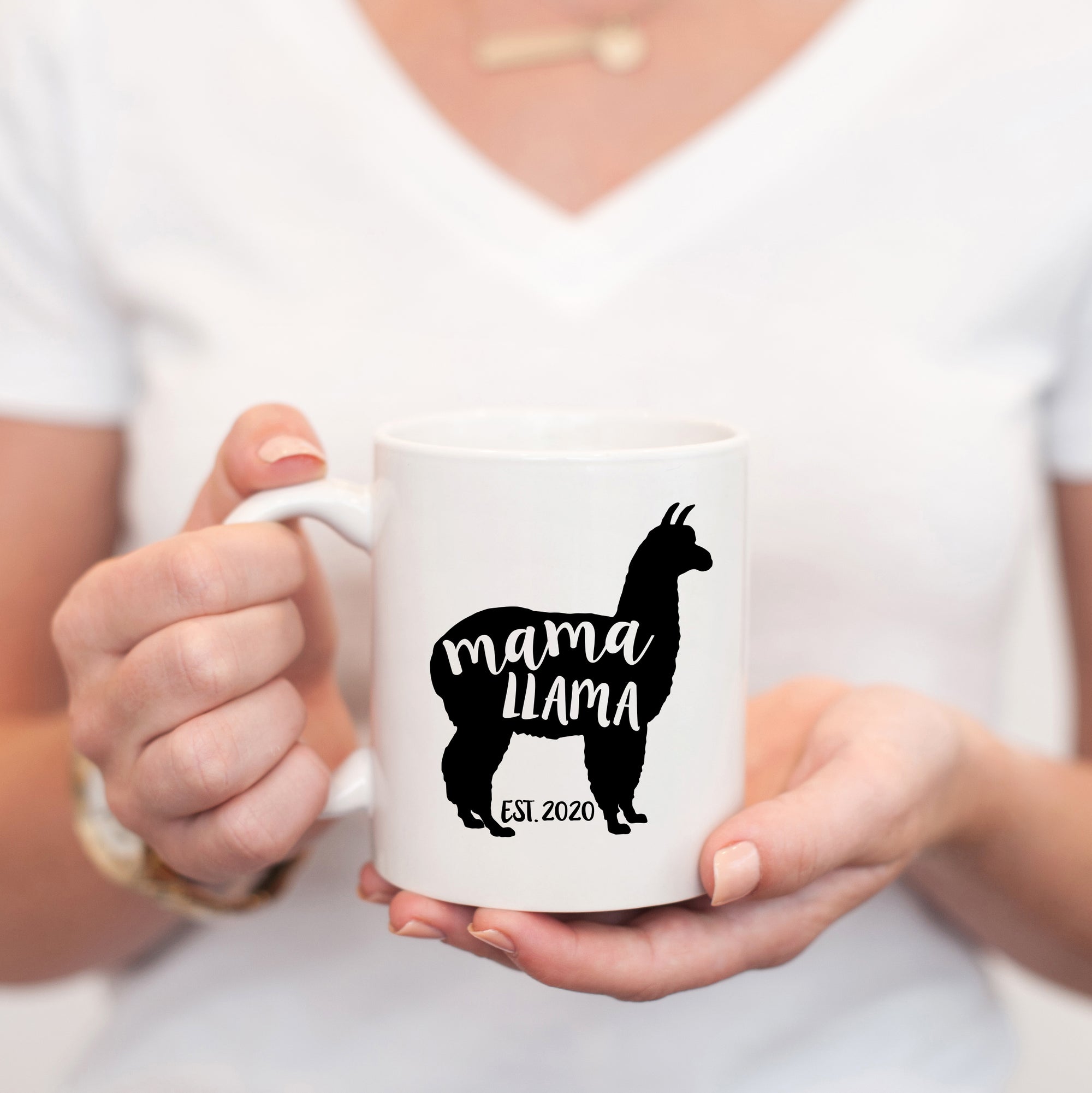 Mama Llama coffee mug, with established date, PIPSY.COM, pregnancy announcement