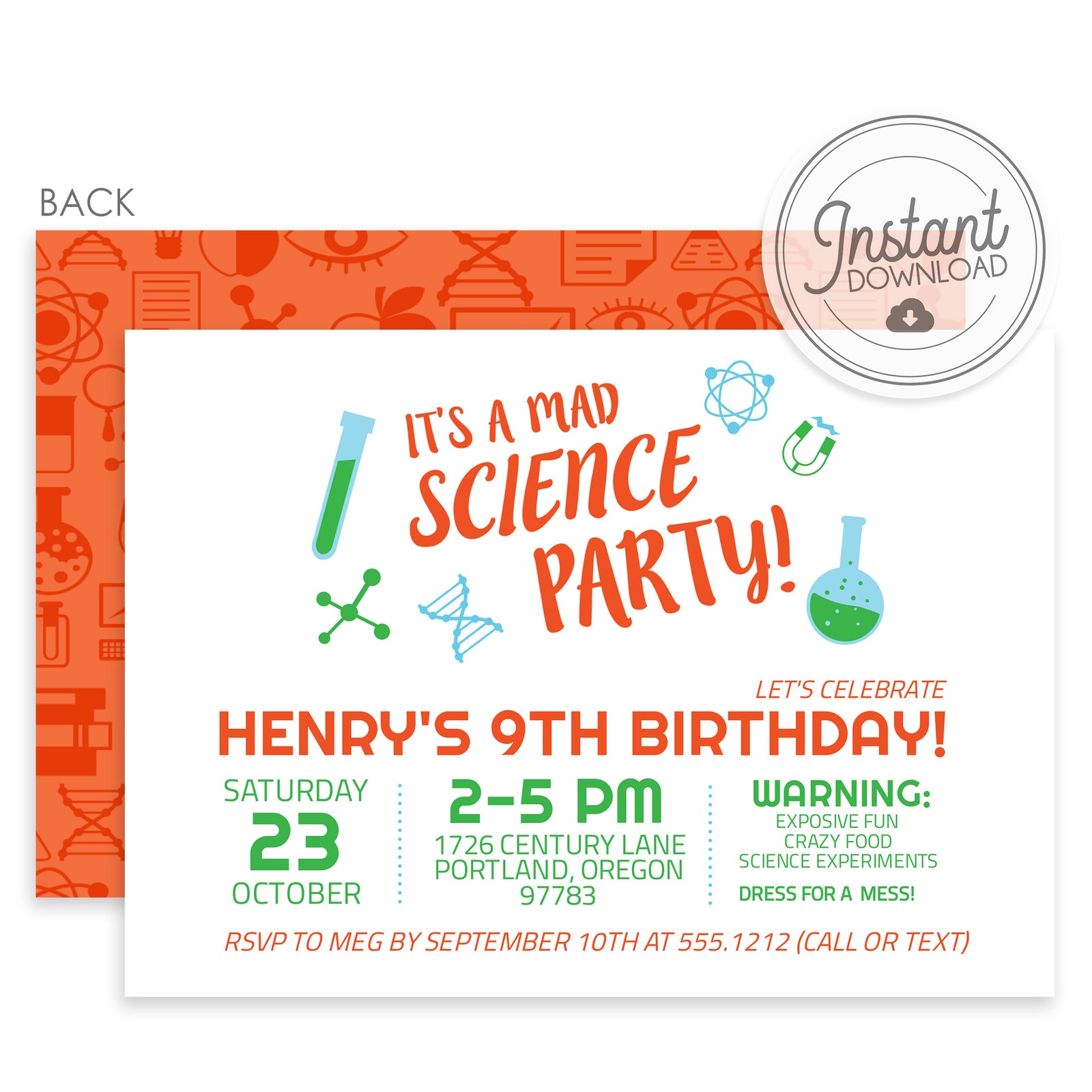 Mad Science Birthday Invitations, Orange & Green (DIY Printable)