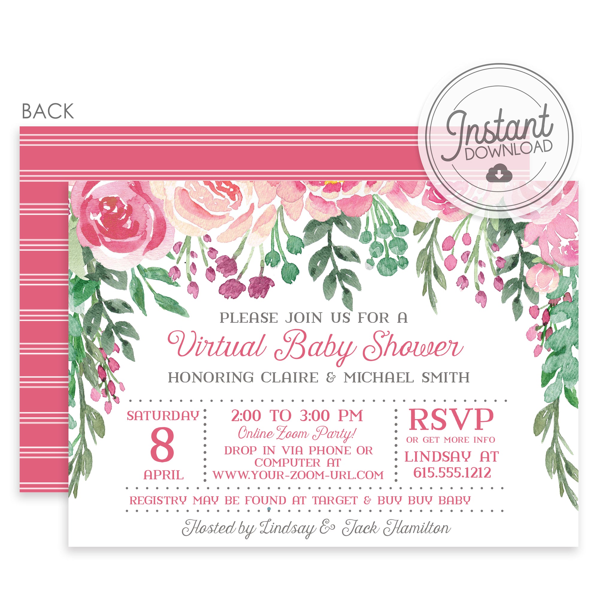 Virtual Baby Shower Invitation - Pink Roses, Instant Download. Templett, PIPSY.COM