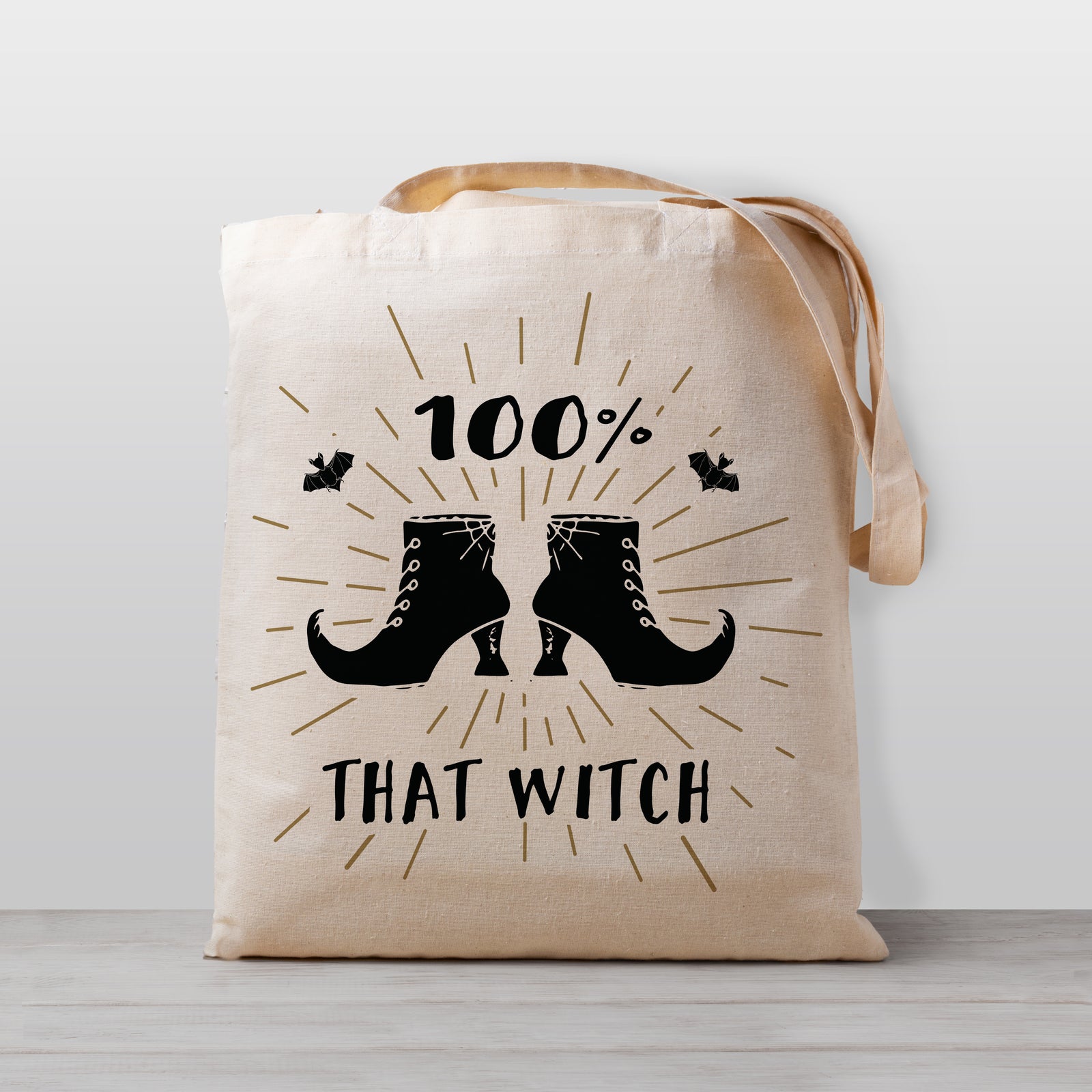 100% That Witch Halloween Trick or Treat Bag with witch boots and bats, 100% natural cotton canvas