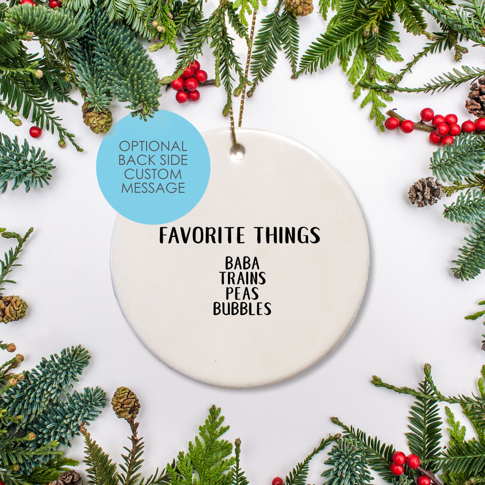 Baby's first Christmas Ornament - Personalized with name and year of your choice.  Black train carrying Christmas tree with red and white striped one.  Name and year in green text | PIPSY.COM