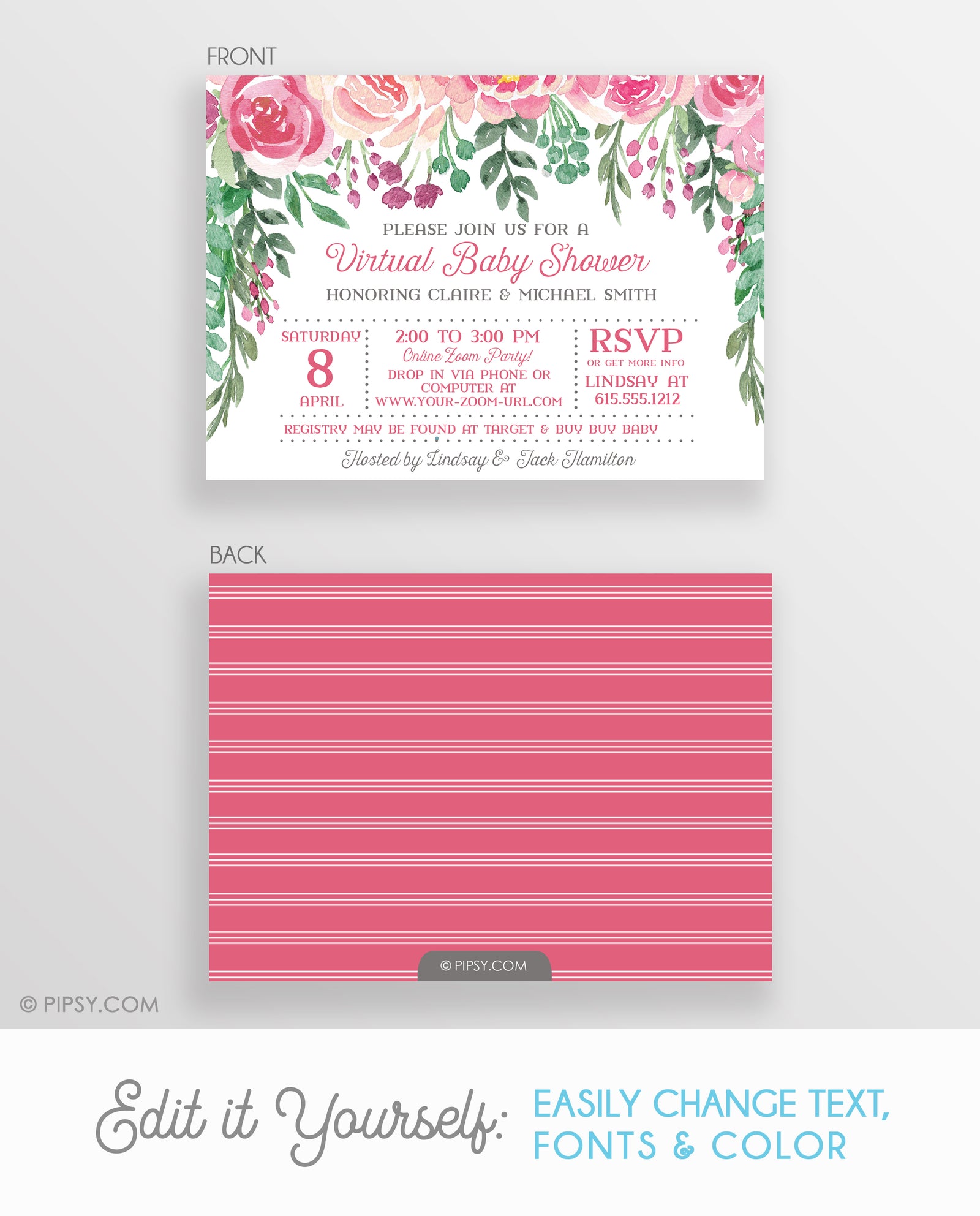 Virtual Baby Shower Invitation - Pink Roses, Instant Download. Templett, PIPSY.COM