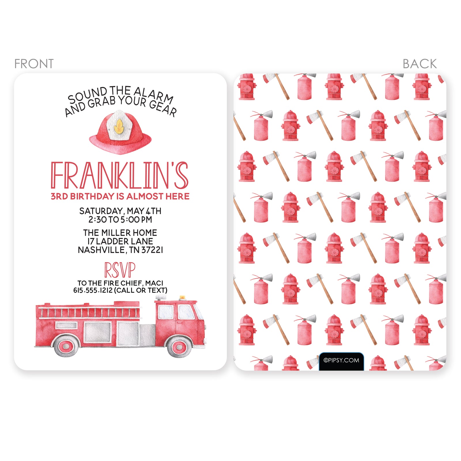 Firetruck birthday invitation - watercolor design. Printed on thick cardstock, with the option to upload a photo to the back side