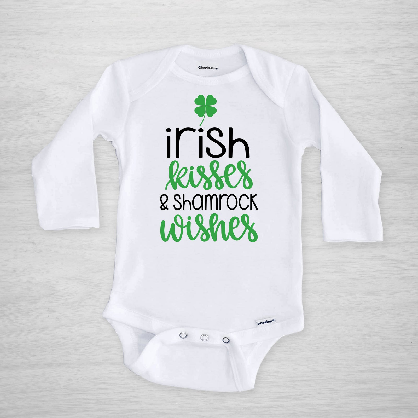 Irish Kisses and Shamrock Wishes Onesie, Genuine Gerber Onesie®, Pipsy.com, short sleeved