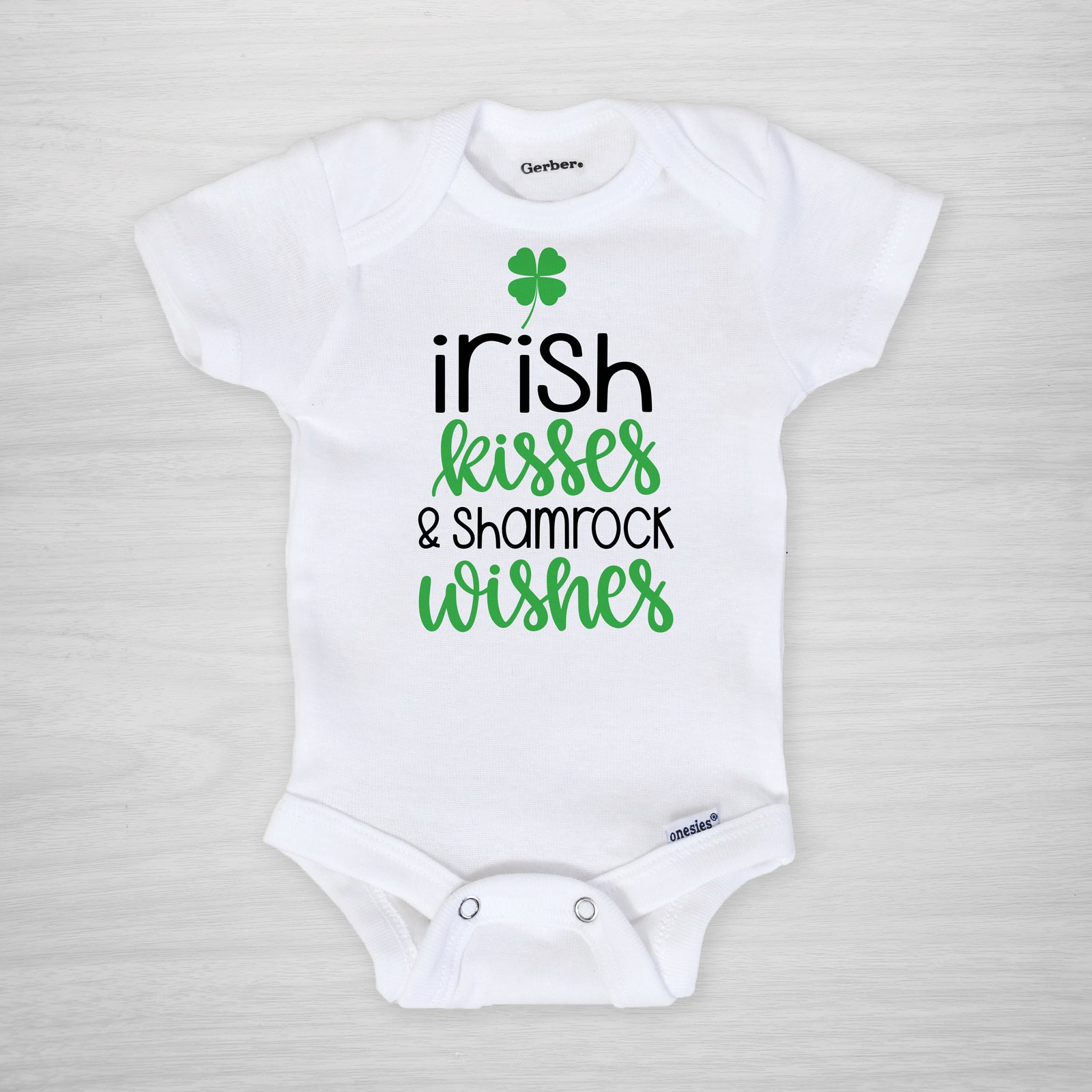 Irish Kisses and Shamrock Wishes Onesie, Genuine Gerber Onesie®, Pipsy.com, short sleeved
