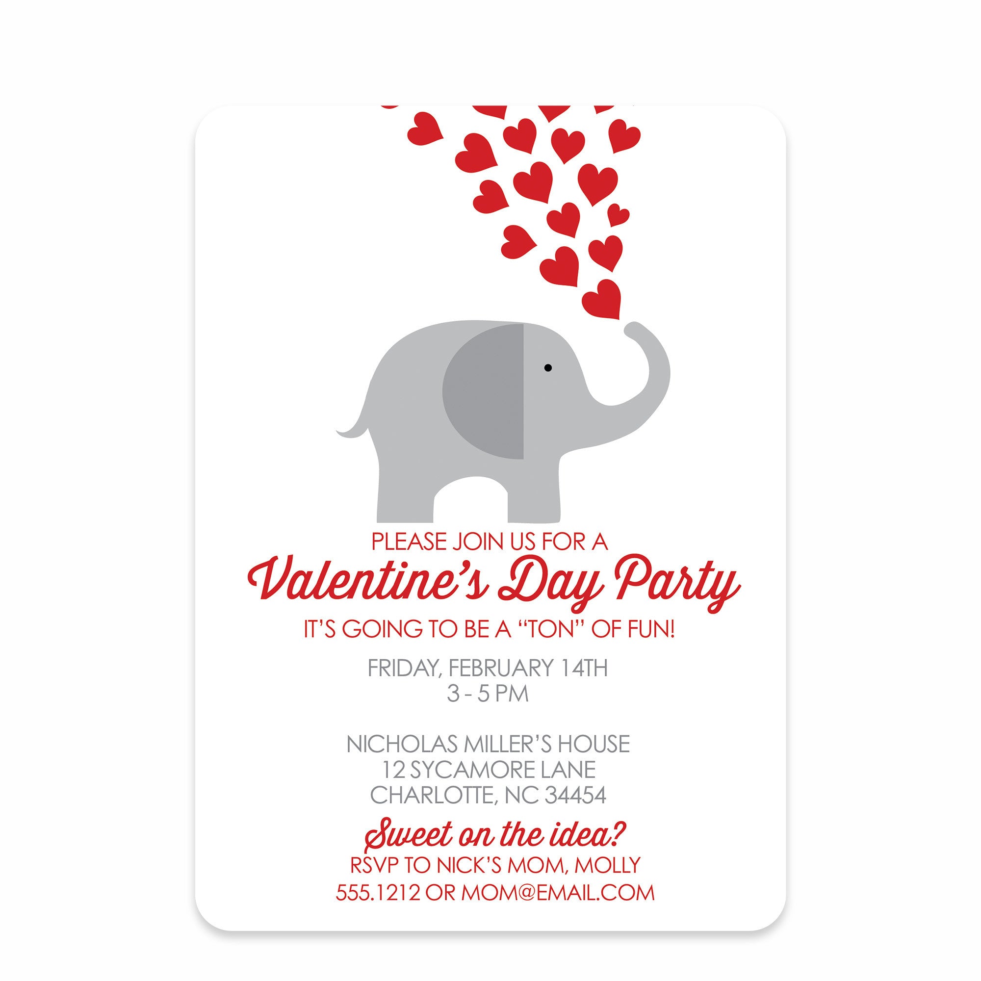Valentine's Day Party Invitation, Elephant with Red Hearts, Printed on Heavy Cardstock, from Pipsy.com, front