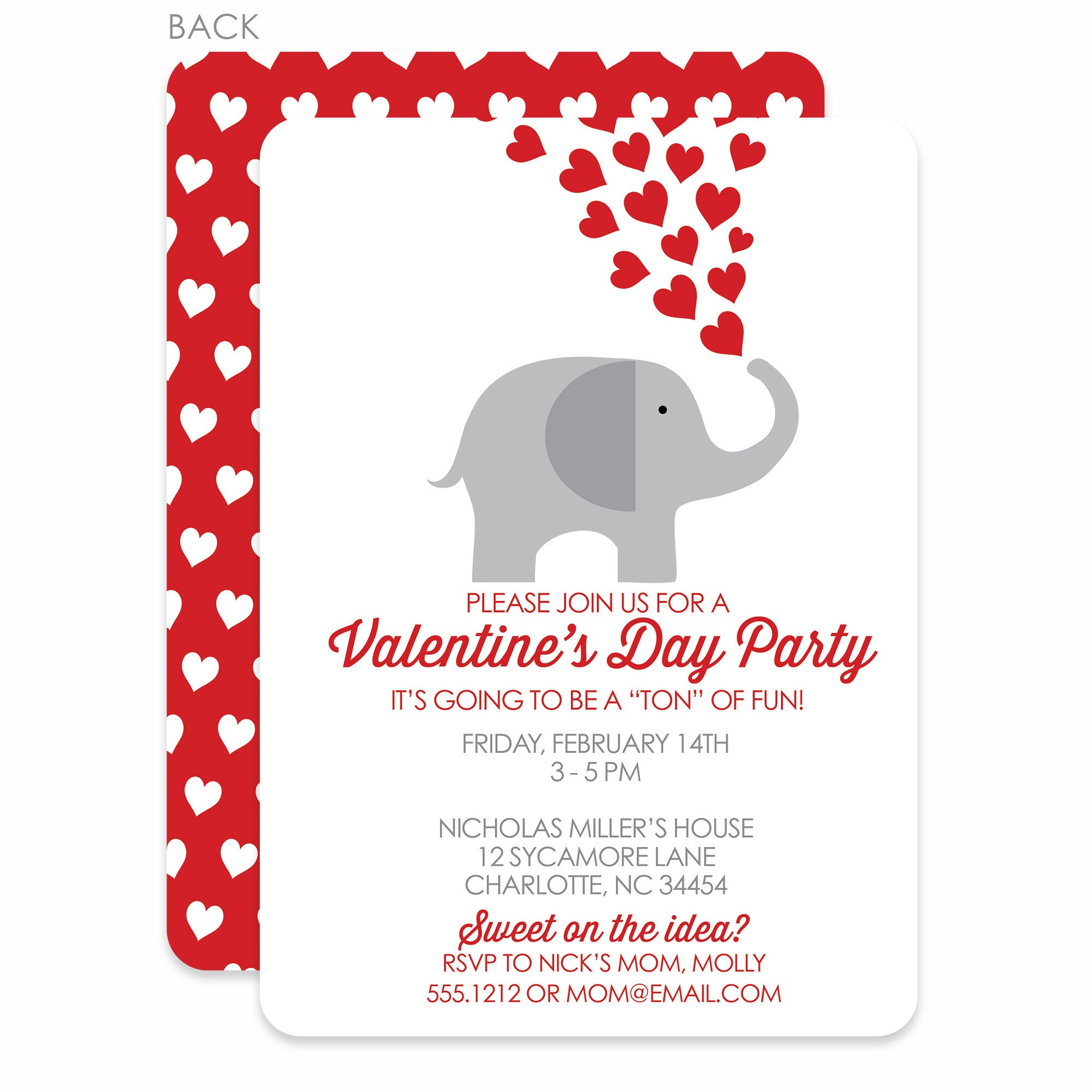 Valentine's Day Party Invitation, Elephant with Red Hearts, Printed on Heavy Cardstock, from Pipsy.com