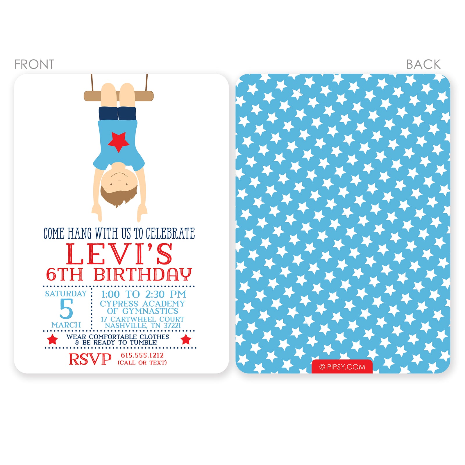 Gymnastics Boy Birthday Invitation, Printed on premium heavyweight cardstock, illustration can be made to look like your child, from Pipsy.com