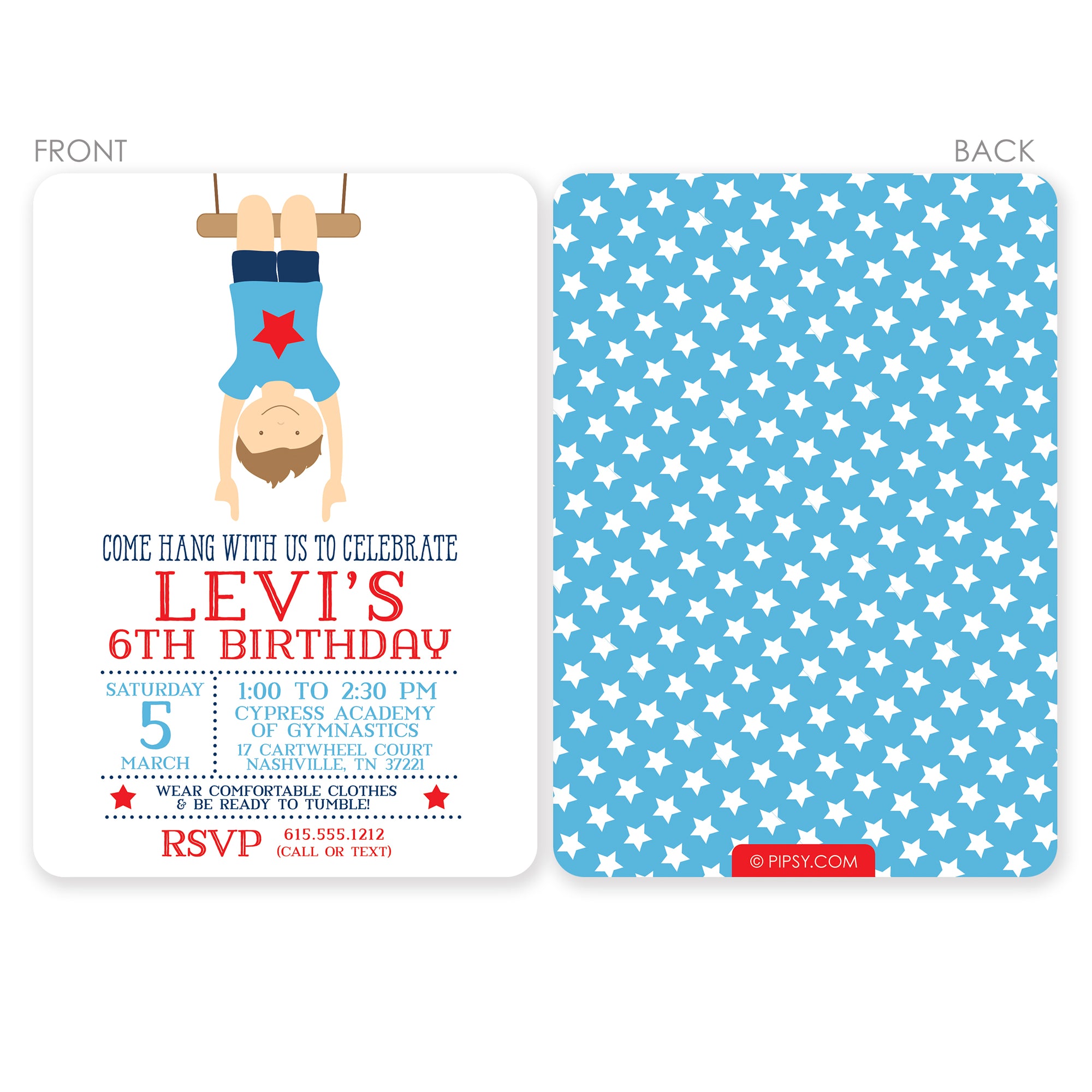 Gymnastics Boy Birthday Invitation, Printed on premium heavyweight cardstock, illustration can be made to look like your child, from Pipsy.com