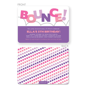 This professionally printed Bounce Birthday Invitation is the perfect way to commemorate a special day. Its girl-centric design features a bouncing jump, a bright pink and purple color scheme, and enough space for party details. Guaranteed to bring a smile to any girl’s face!