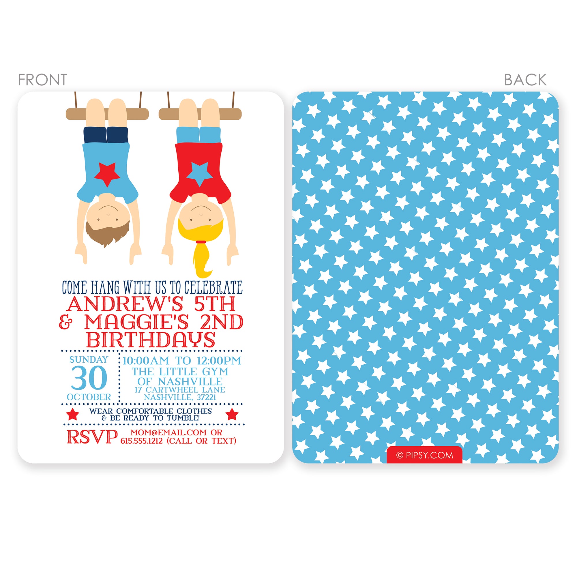 This gymnastics-themed birthday party invitation is perfect for celebrating a party for twins, siblings, or even best friends. Printed on luxurious cardstock, it can be customized with your choice of colors, for a truly unique look. We can adjust eye, hair, and skin color upon request, front and back view