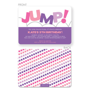Jump birthday party invitation for girls in pink and purple, printed on thick cardstock with two sided printing