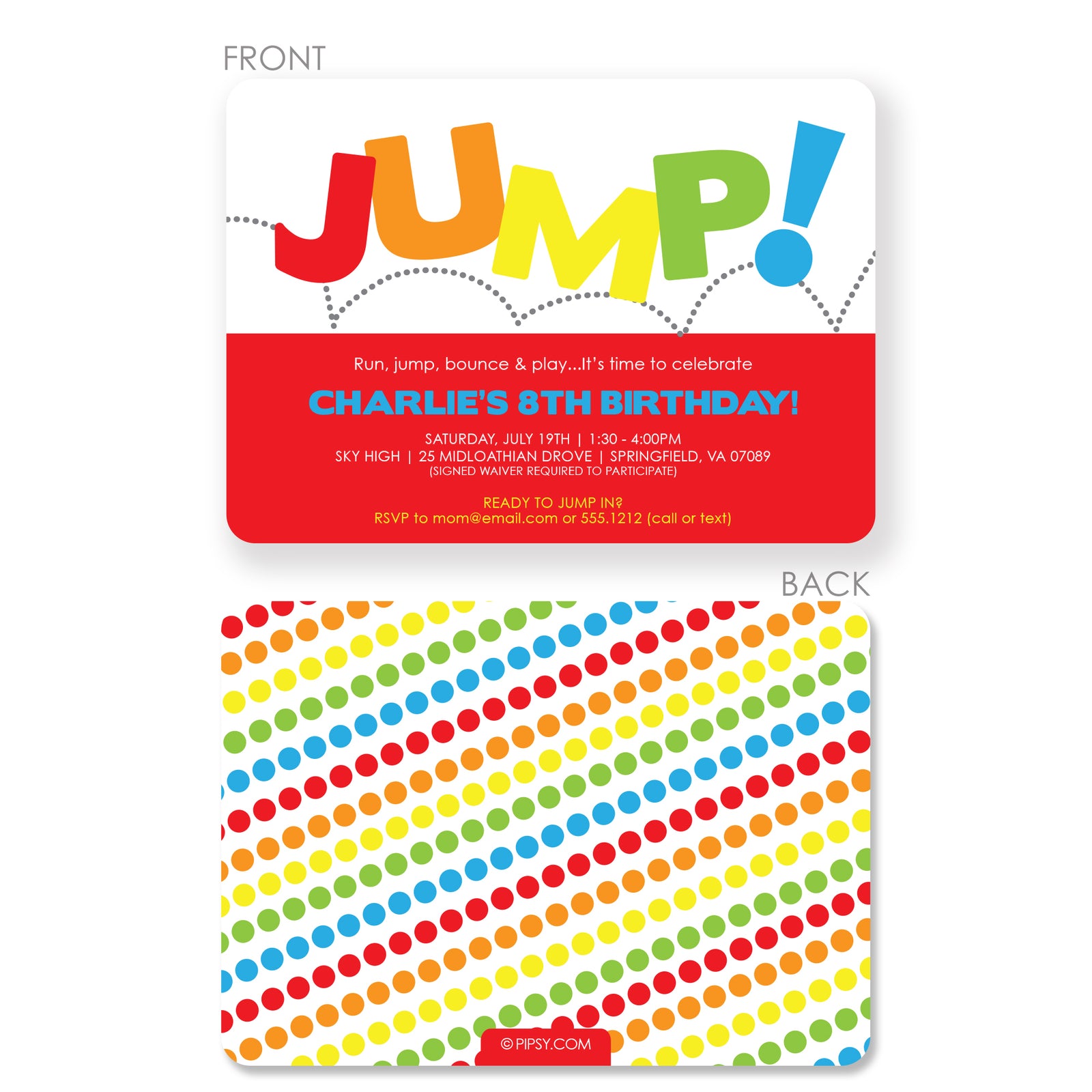 Jump Birthday Invitation, perfect for a backyard bouncy house or a trampoline park, printed on heavyweight cardstock from Pipsy.com