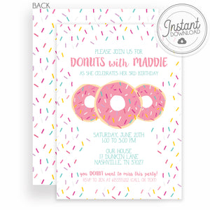 Pink Donut with Sprinkles Birthday Invitation, DIY Editable Instant Download, Templett, PIPSY.COM