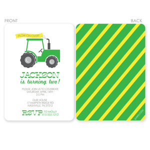Tractor Party Invitation | Pipsy.com | Printed on Heavyweight Cardstock, front and back view, green tractor