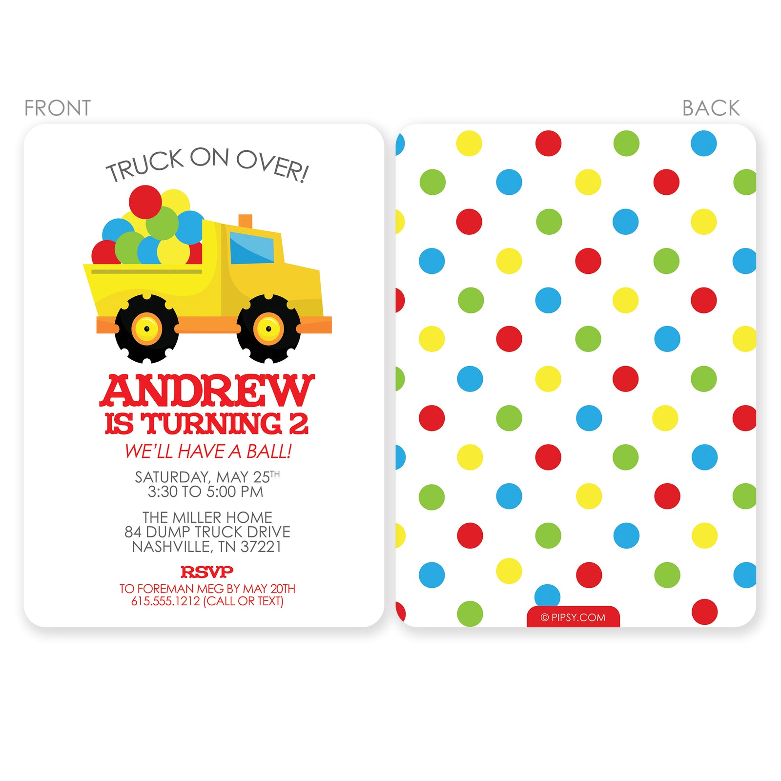 Dump Truck and Ball Birthday Invitation | Pipsy.com | Red, Blue & Green, printed on thick cardstock and comes with envelopes