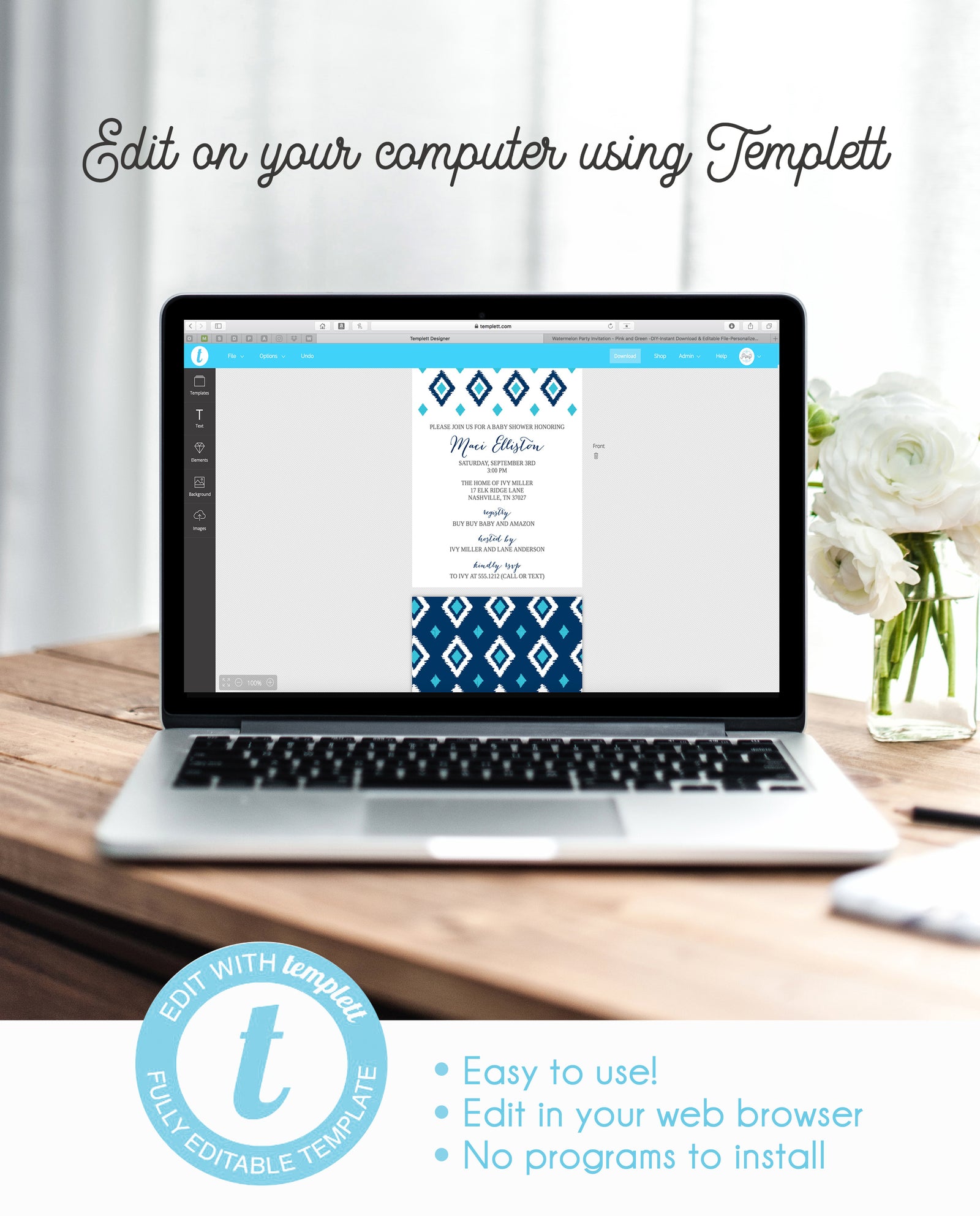 Ikat Baby Shower Invitation, blue (DIY Printable)