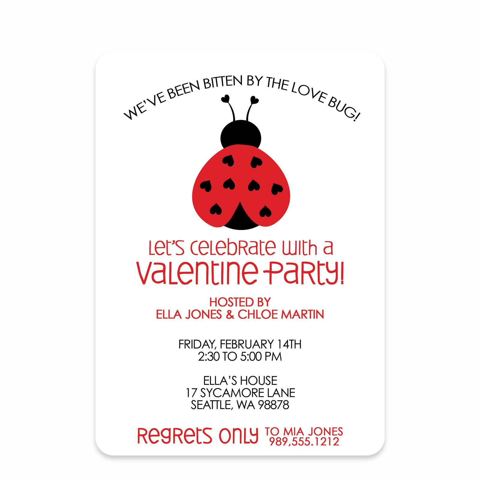 Valentine's Day Party Invitation, Love bug with ladybug and hearts. Printed on premium heavyweight cardstock, from Pipsy.com