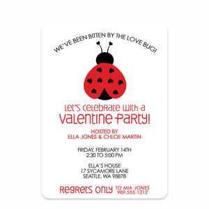 Valentine's Day Party Invitation, Love bug with ladybug and hearts. Printed on premium heavyweight cardstock, from Pipsy.com, front