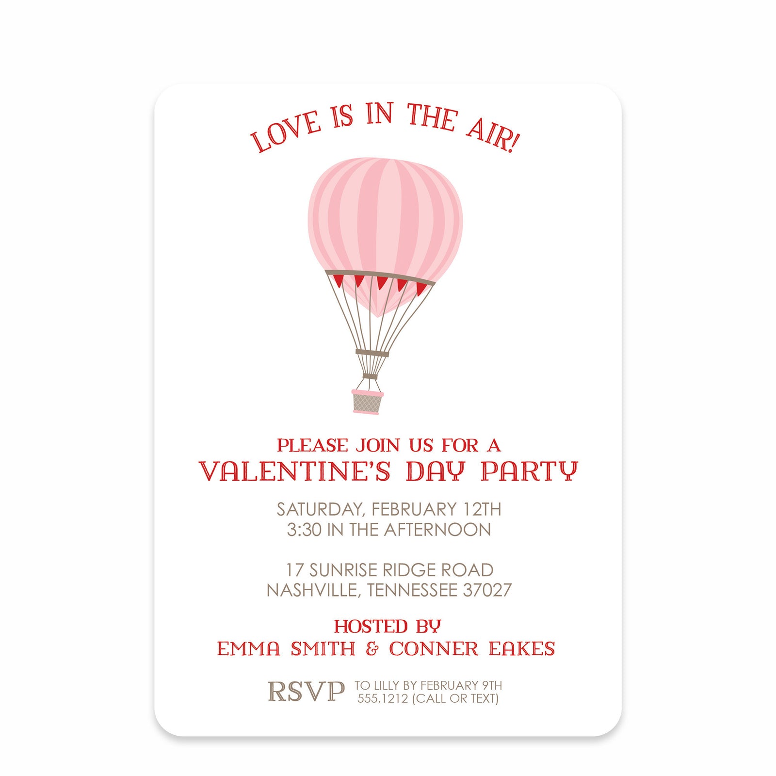 Valentine's Day Party Invitation, Love is in the air hot air balloon, Printed on premium heavy cardstock by Pipsy.com