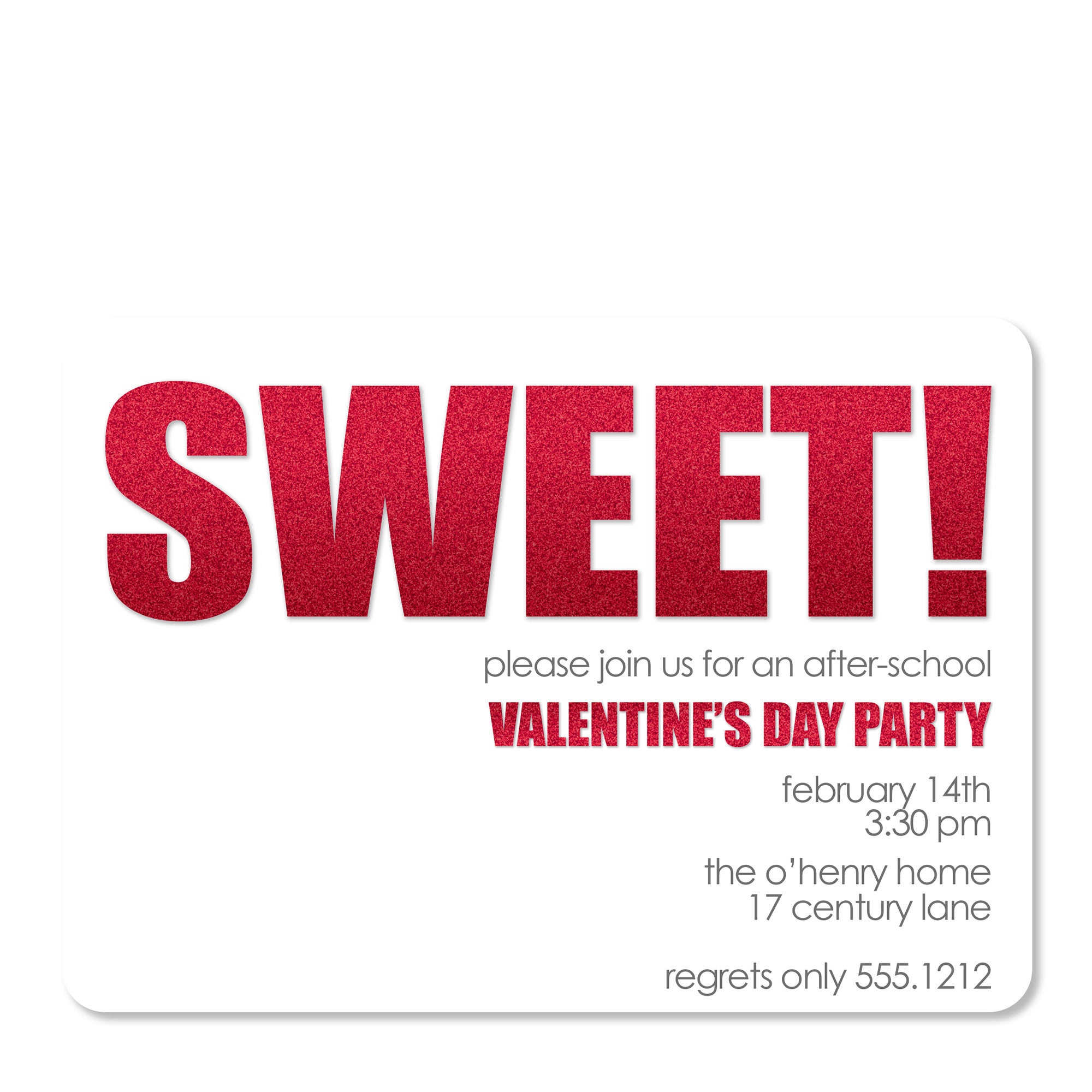 Sweet! Valentine's Day Invitation, Glitter Design, Heavyweight Cardstock, PIPSY.COM (front view)