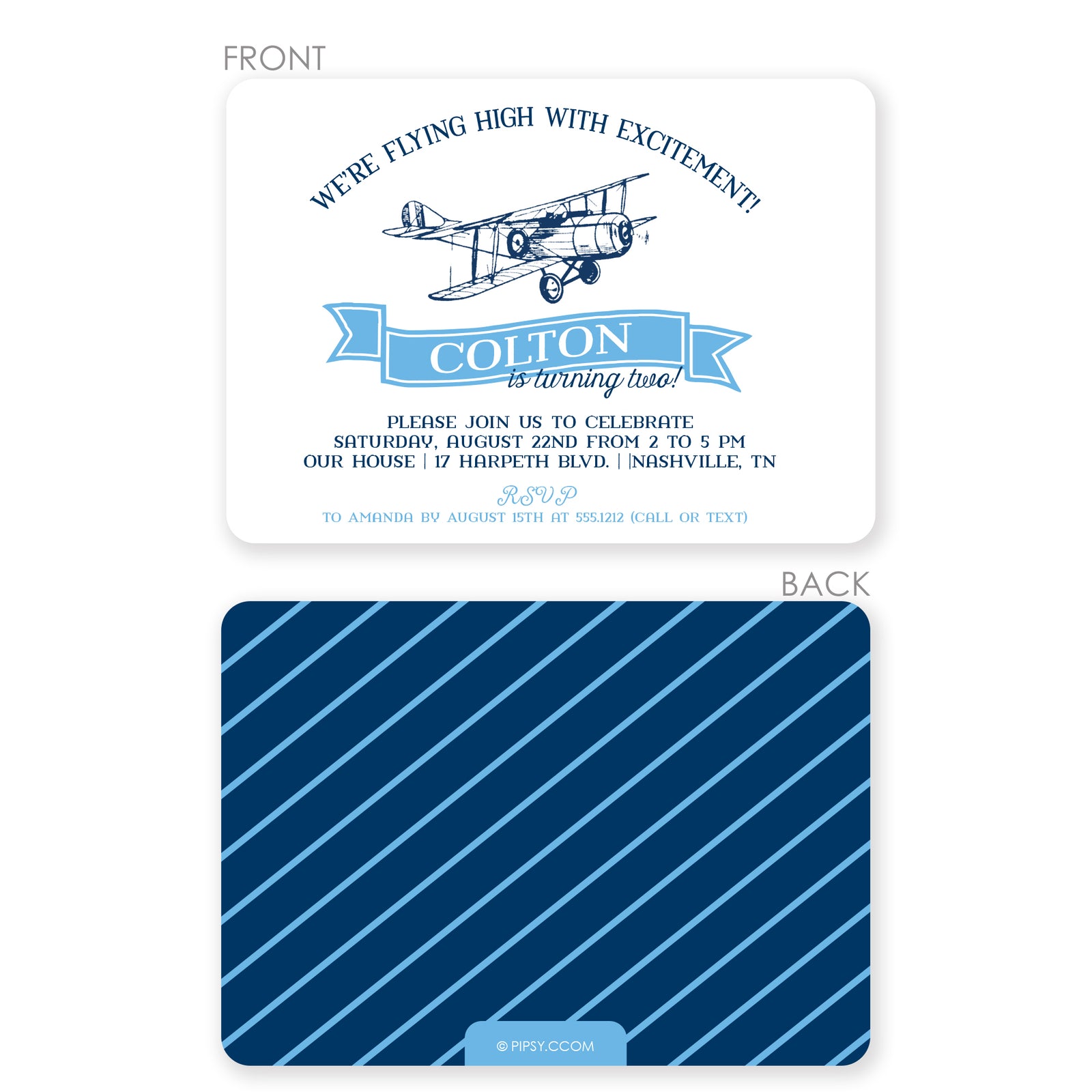 Airplane Birthday Invitation, Illustration from a vingage plane drawing, printed on ultra heay cardstock, Pipsy.com