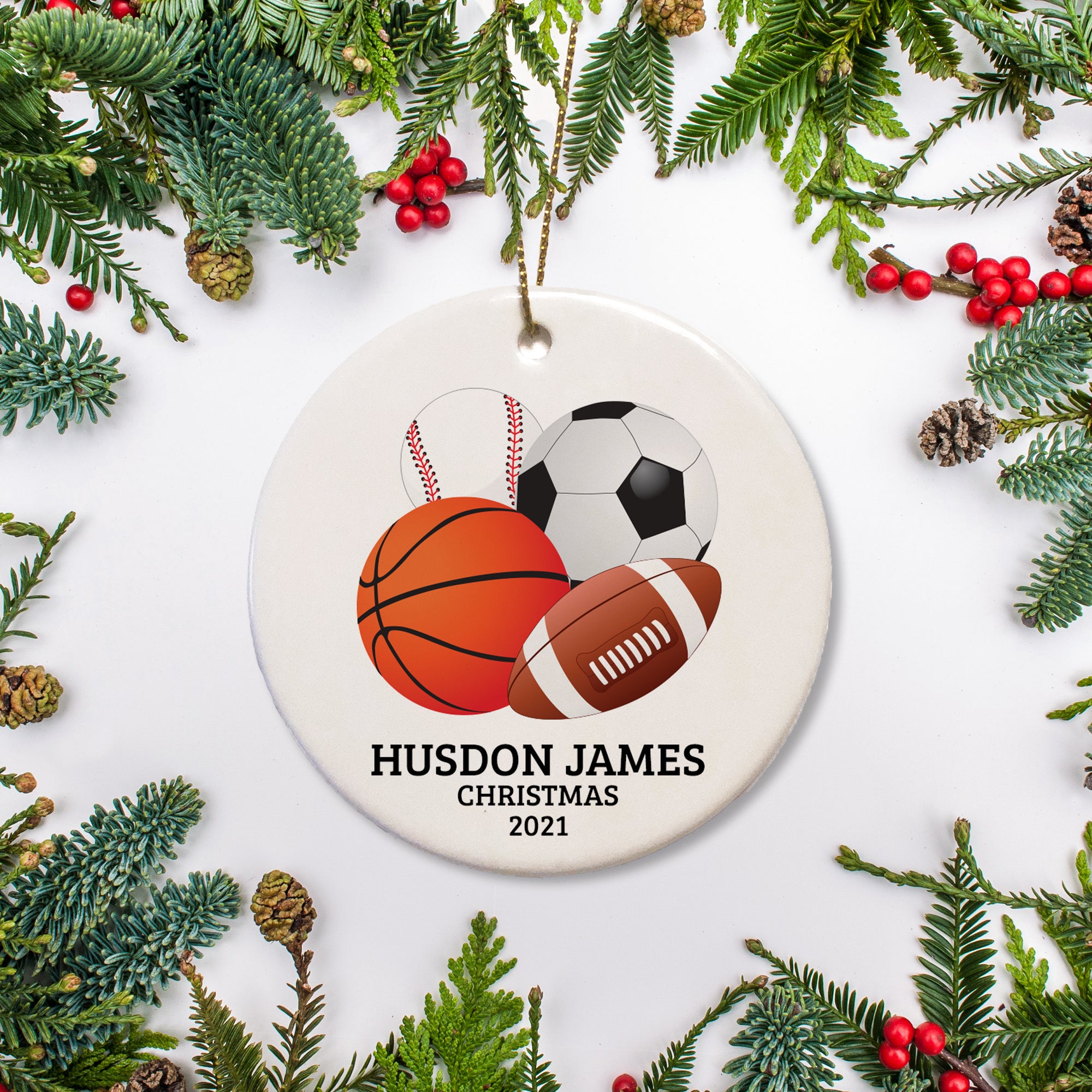 Personalized Christmas ornament featuring sports!  Basketball, baseball, football and soccer | Pipsy.com