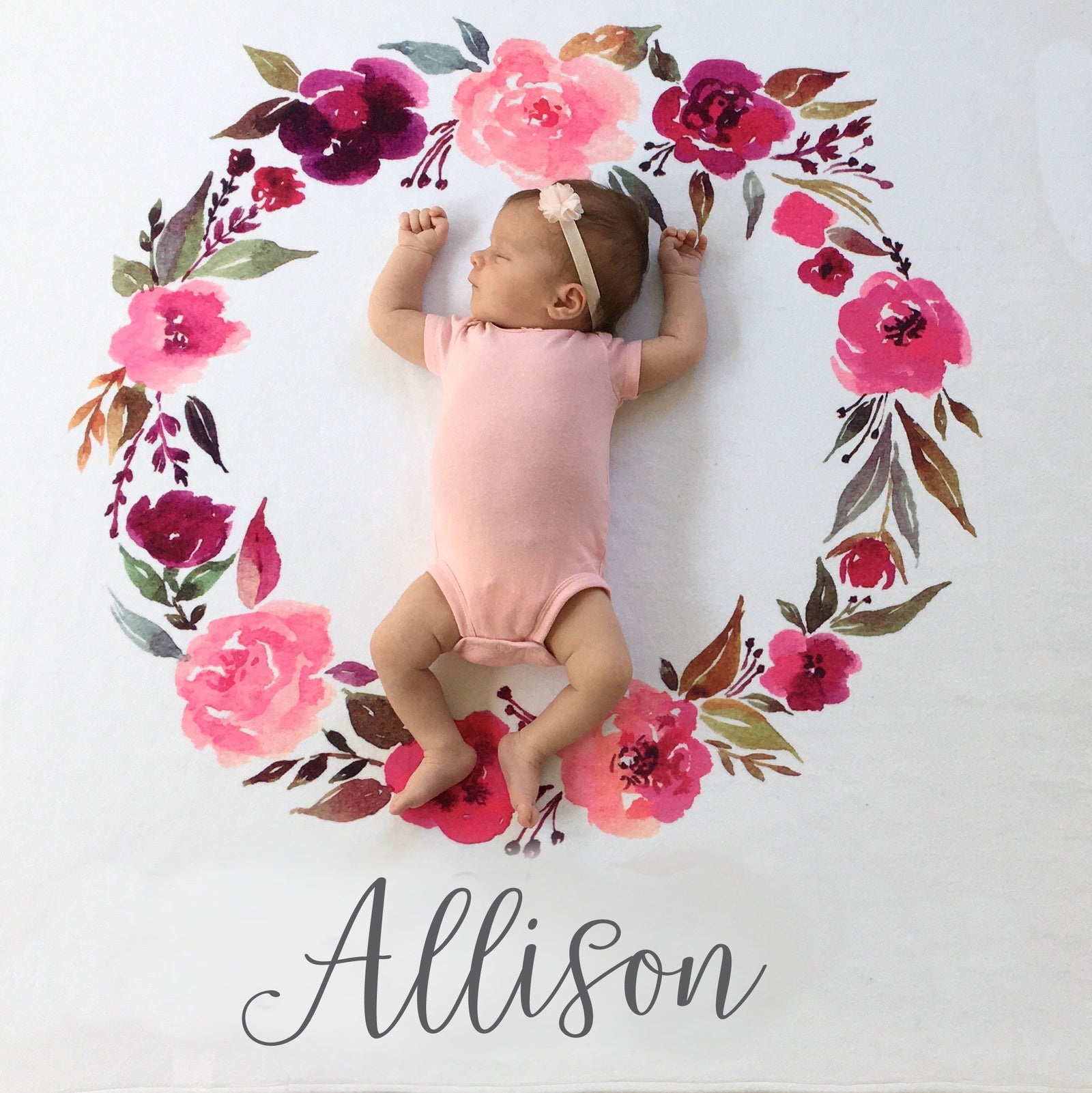 Girl Milestone Baby Blanket, Super soft fleece with a wreath of pink watercolor flowers