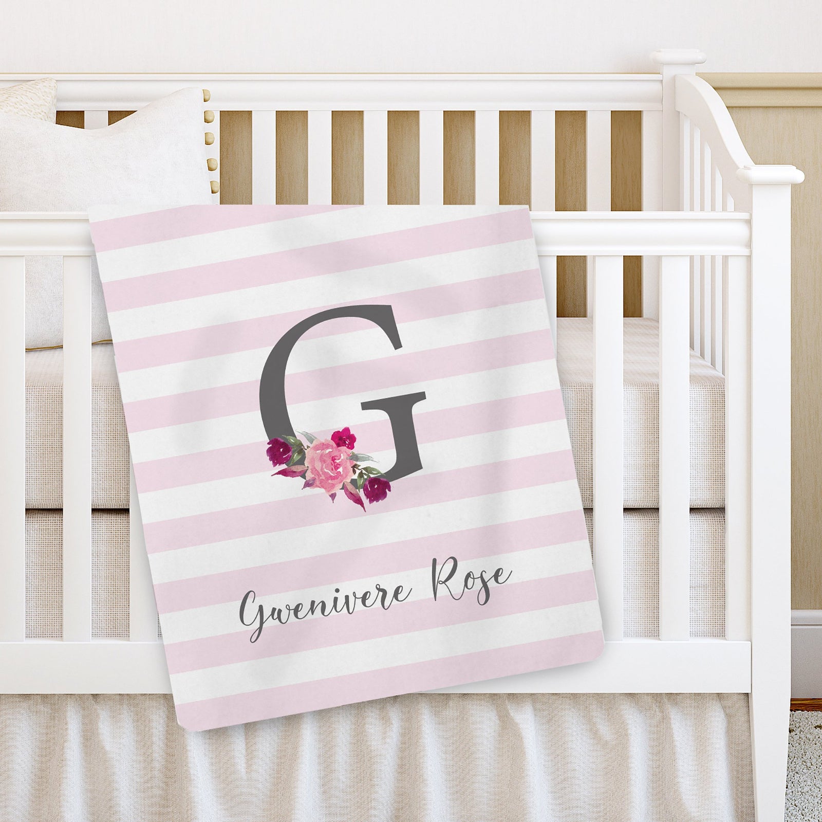 Personalized Girl Baby Blanket, Large Initial with watercolor flowers on pink stipes