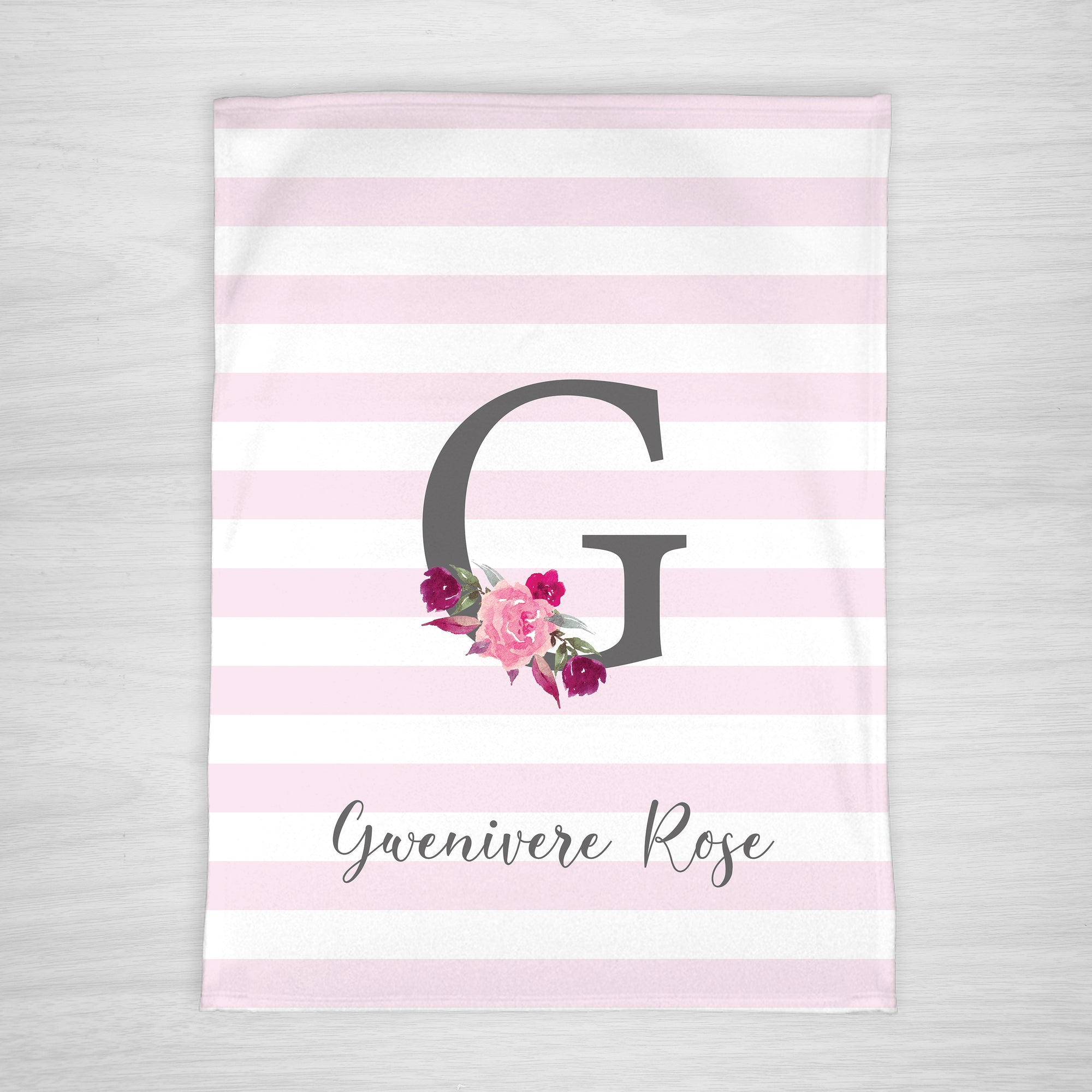 Personalized Girl Baby Blanket, Large Initial with watercolor flowers on pink stipes