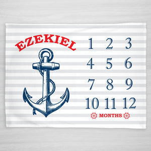 Nautical striped anchor milestone blanket, personalized with baby's name