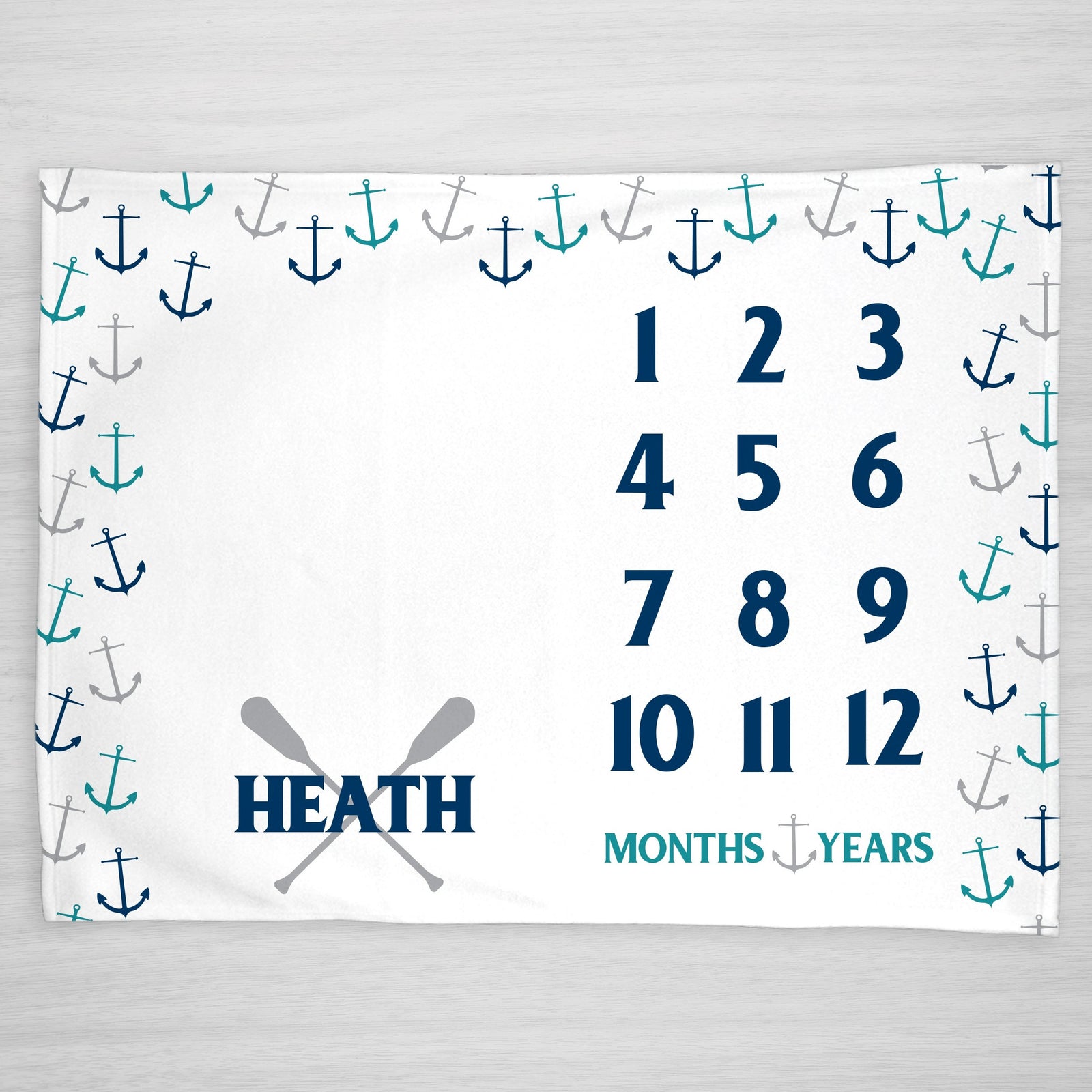 Anchors Nautical Milestone Baby Blanket, Personalized, in shades of blue and gray