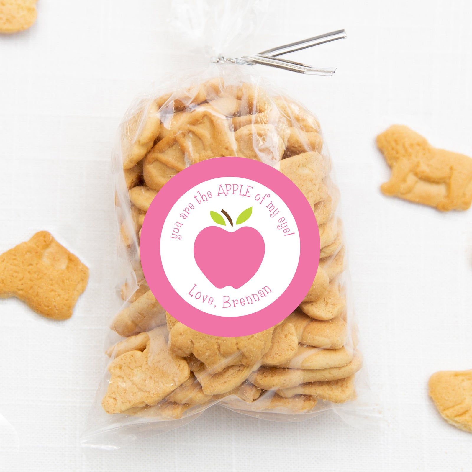 2.5" round sticker | you are the apple of my eye| pink apple with pink border personalized Valentine's Day sticker for candy bag | PIPSY.COM