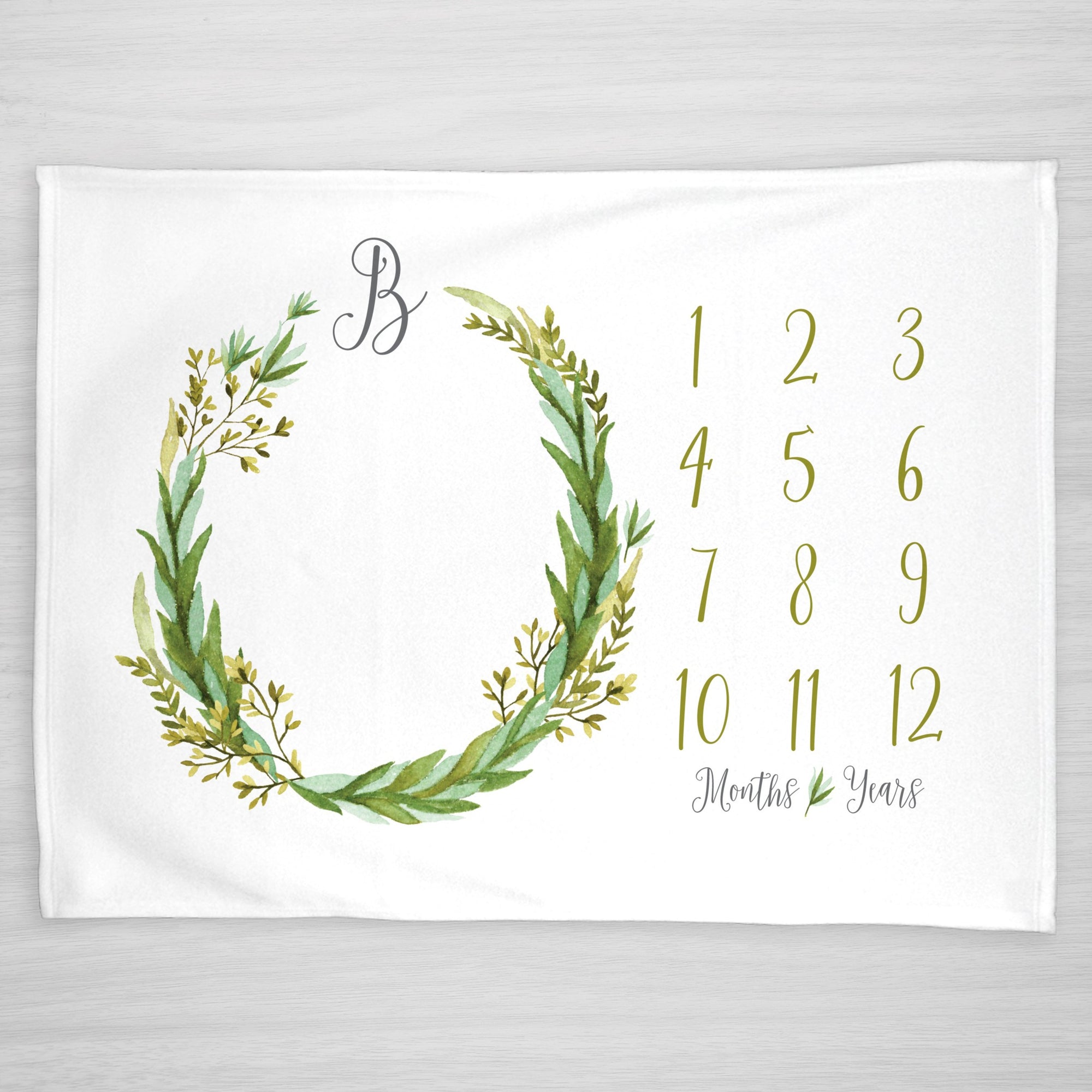 Arched Olive wreath Milestone Baby Blanket, Personalized with initial