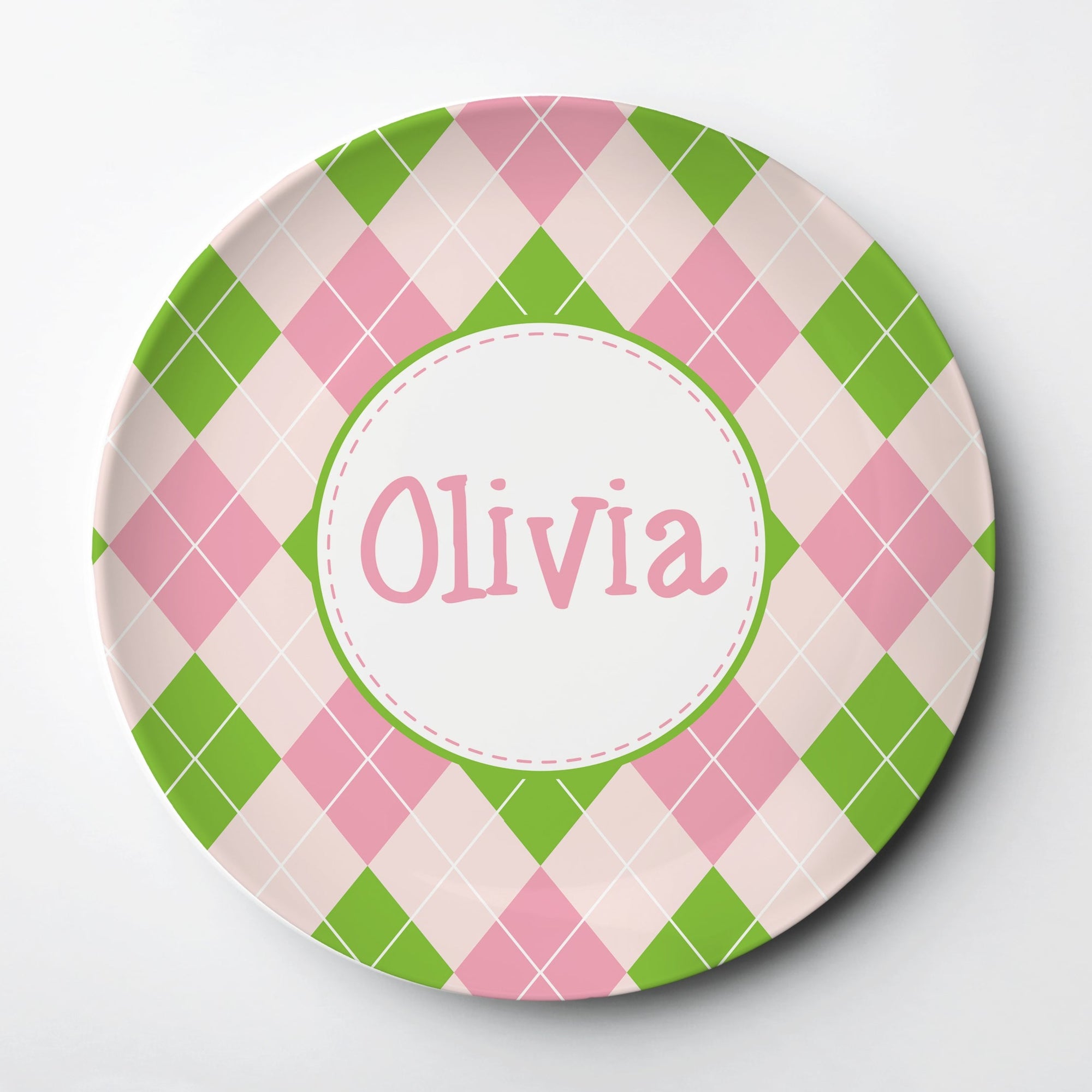 Pink and green argyle plate with name, ThermoSāf® kids reusable plate, microwave, dishwasher and oven safe.  Made in the USA, Pipsy.com