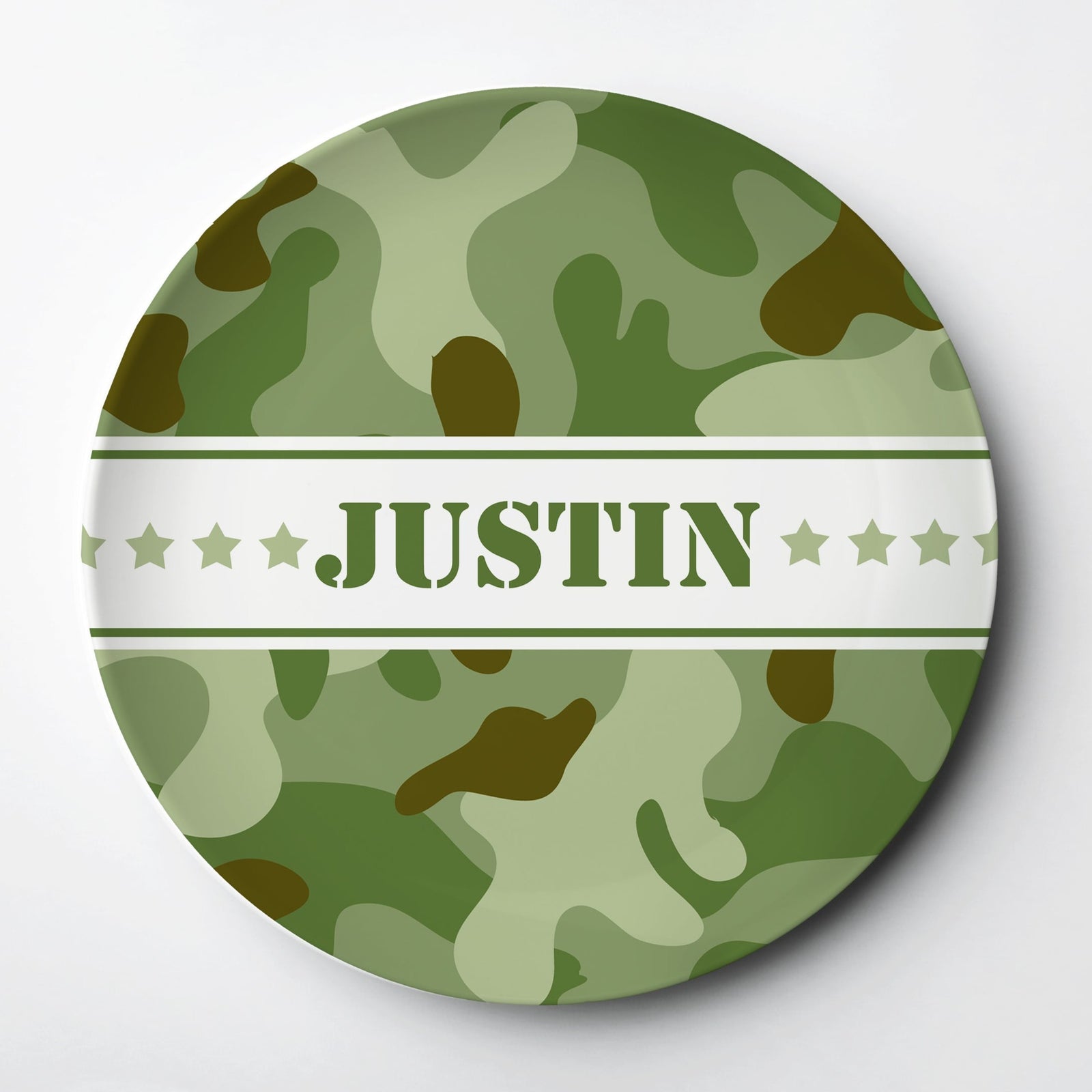 Personalized ThermoSāf® kids plate, army camo, stars, green microwave safe, Pipsy.com
