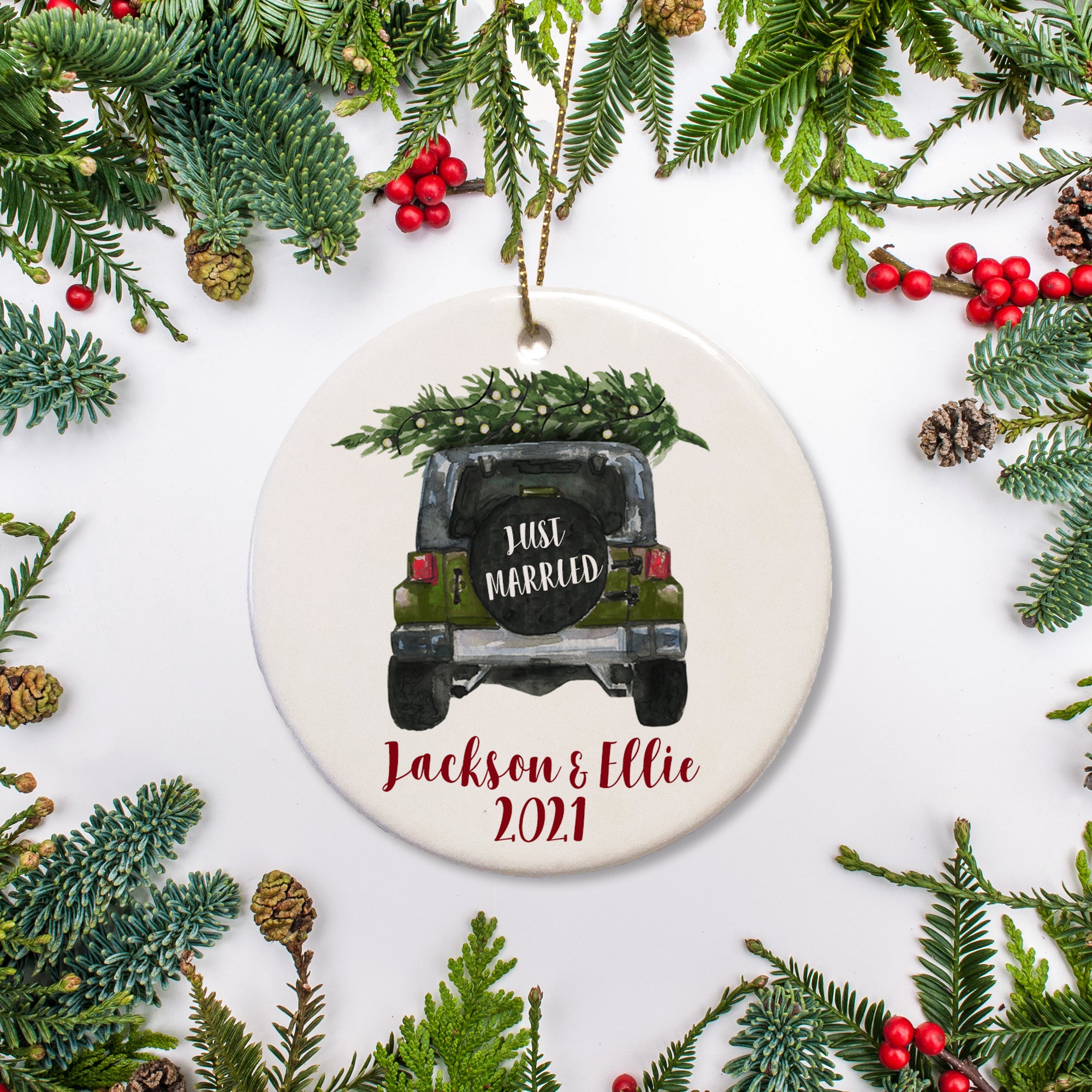 army green jeep personalized christmas ornament | just married | Pipsy.com Edit alt text