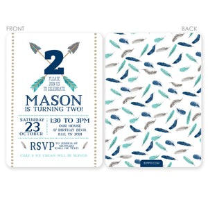 Arrows and feathers birthday invitation in aqua and navy, printed on heavy cardstock, comes with envelopes
