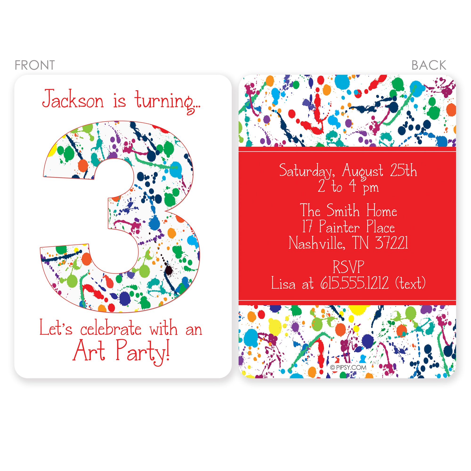 Art Party Invitation, For a boy birthday in red and primary colors, 2 sided invitation printed on thick cardstock, envelopes included