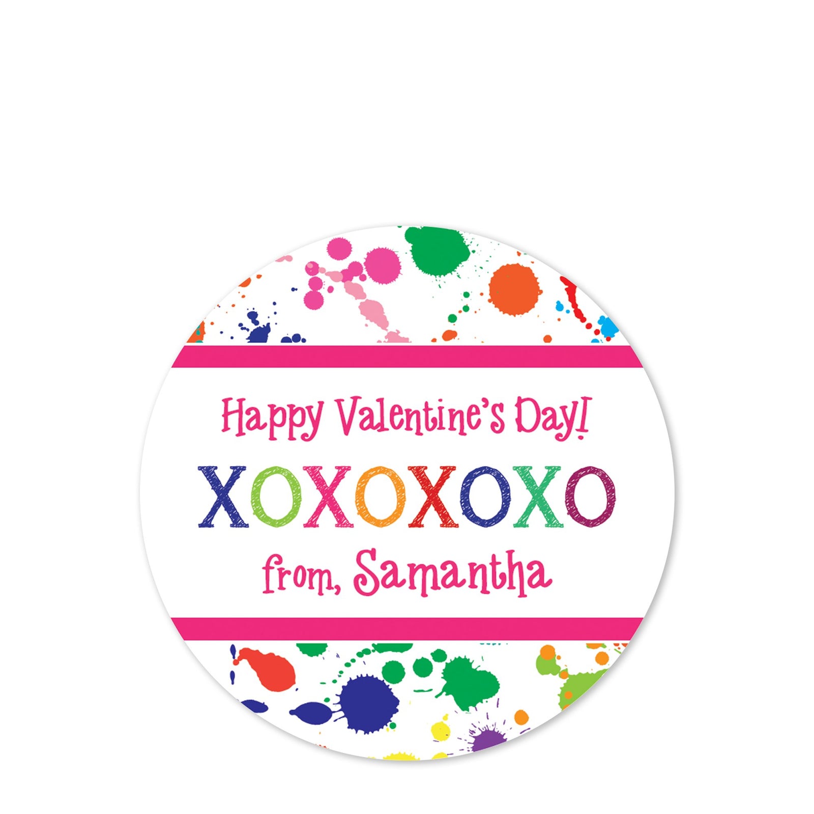 Paint Splatter Art Valentine Stickers " 2.5" round personalized for candy bags | PIPSY.com
