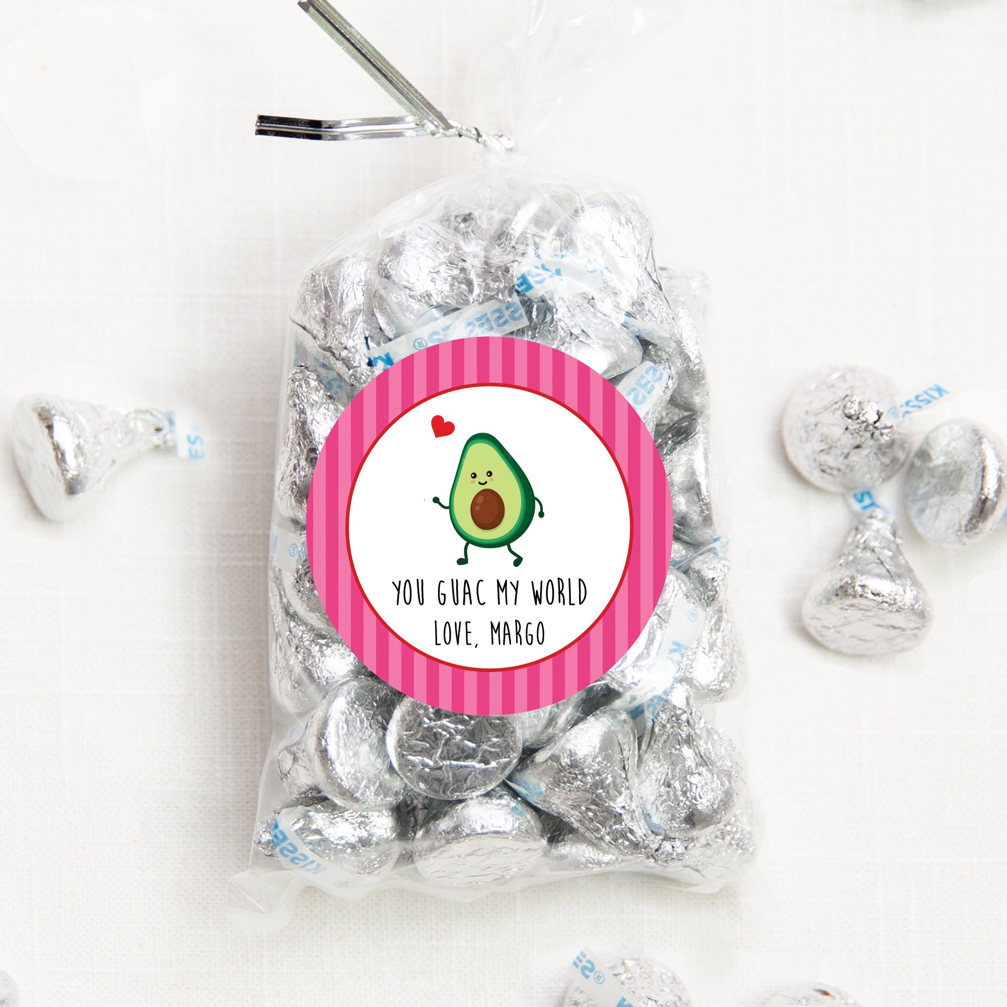 You guac my world Valentine | Class party stickers | 2.5" round with pink striped border |Pipsy.com