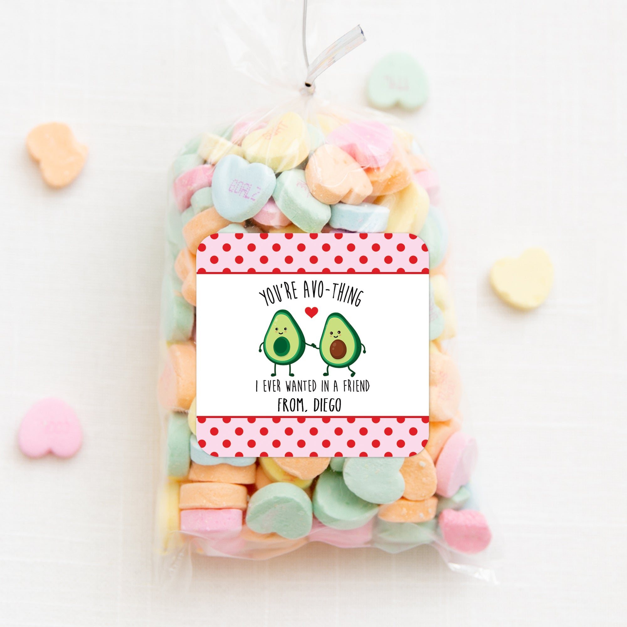 Avocado Friends | You're Avocado-thing I ever wanted | Valentine's Day square sticker for candy bag | Red and Pink |PIPSY.COM