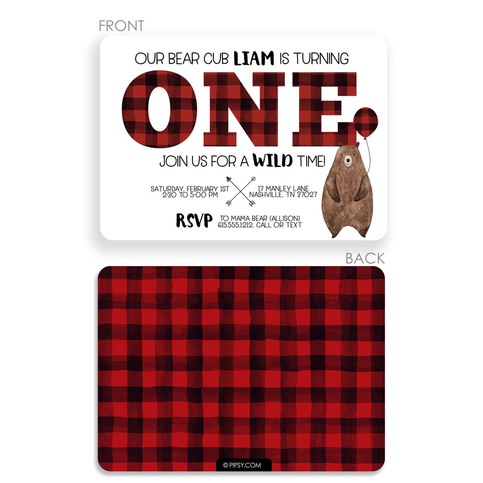 Bear Buffalo Plaid Birthday Invitations, First Birthday, Pipsy.com