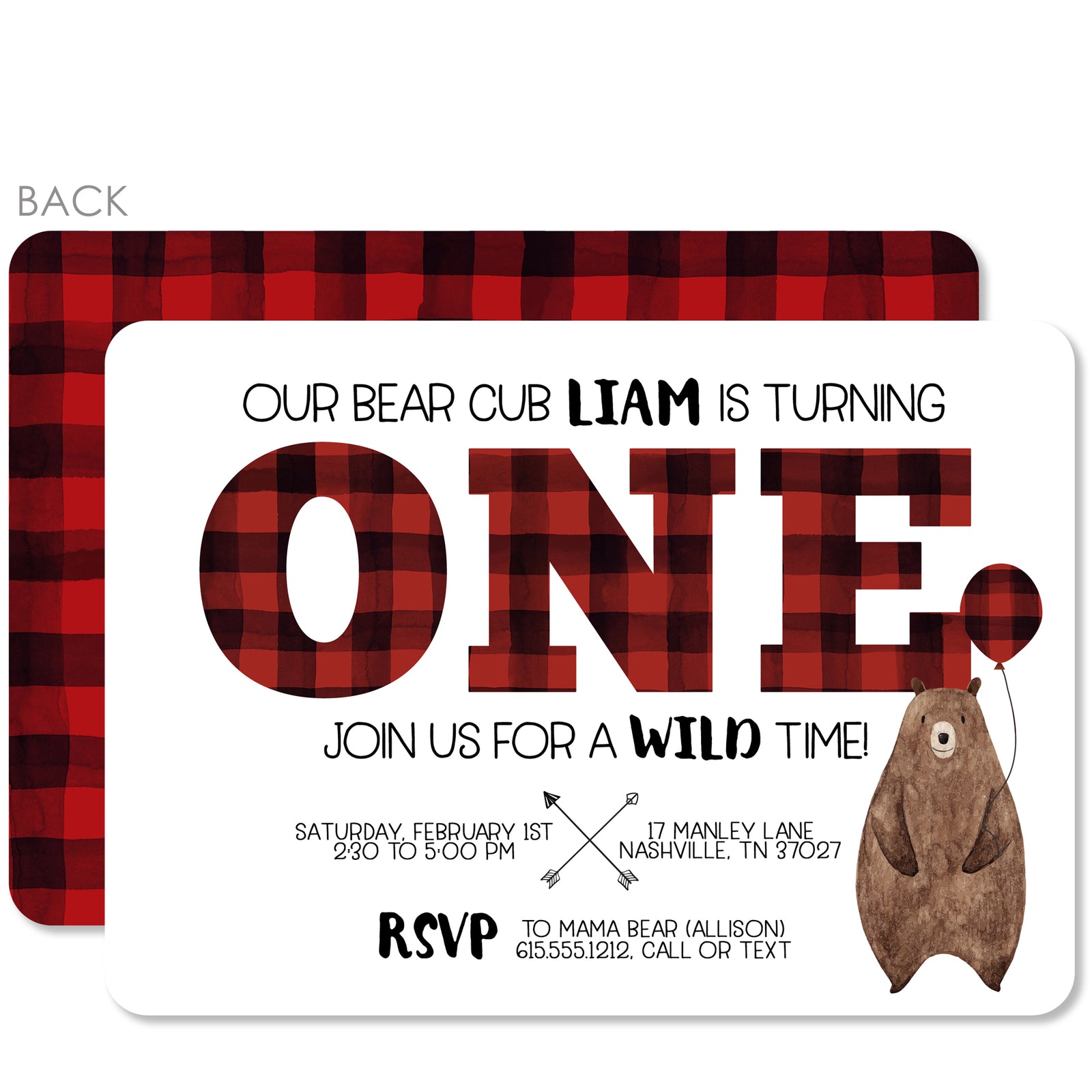 Bear Buffalo Plaid Birthday Invitations, First Birthday, Pipsy.com