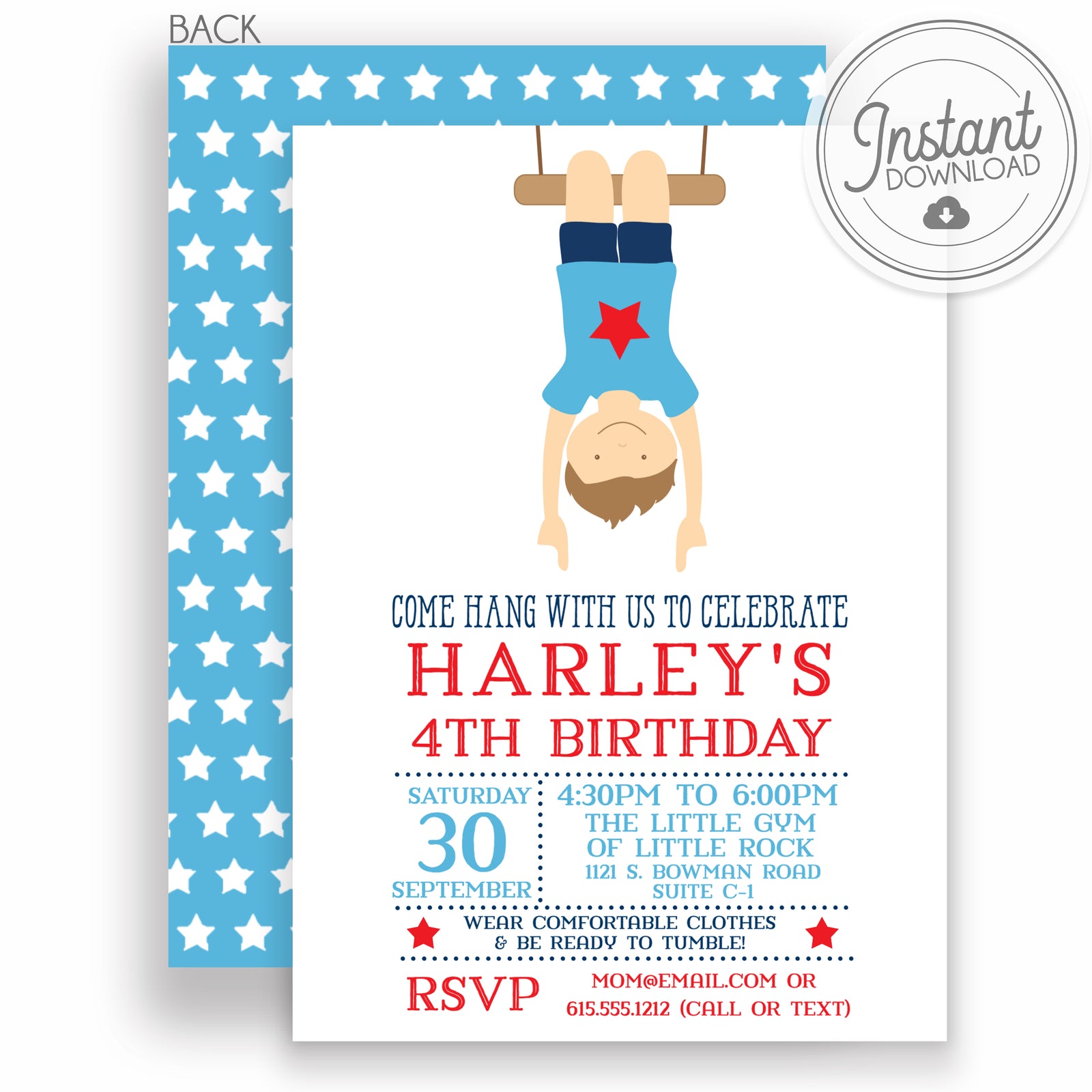Boy Gymnastics Birthday Party Invitation, Editable DIY Instant Download, Templett, PIPSY.COM