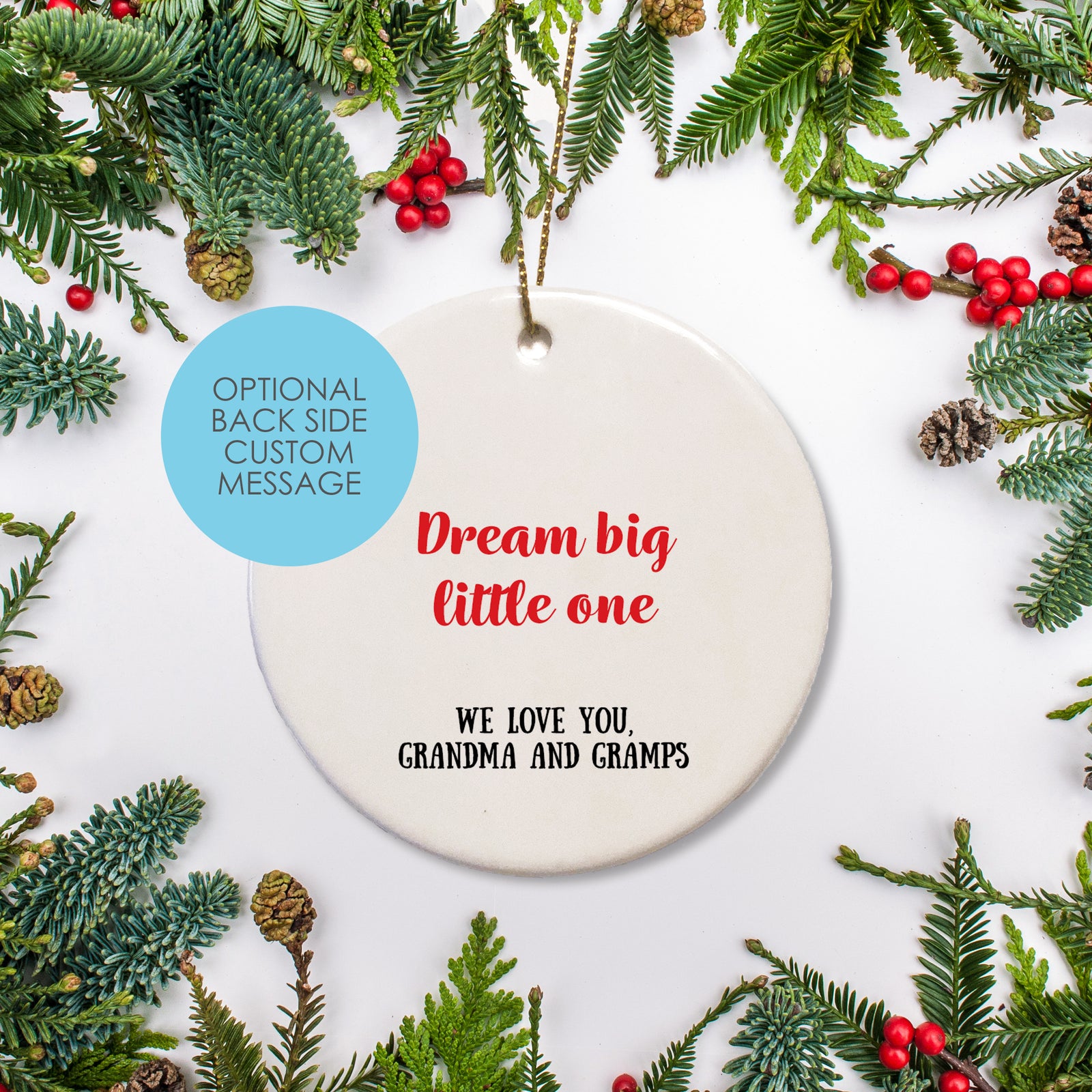Personalized Christmas ornament featuring silhouette of bear on a red and black buffalo plaid. Child's name and year on the front with optional back text - Pipsy.com