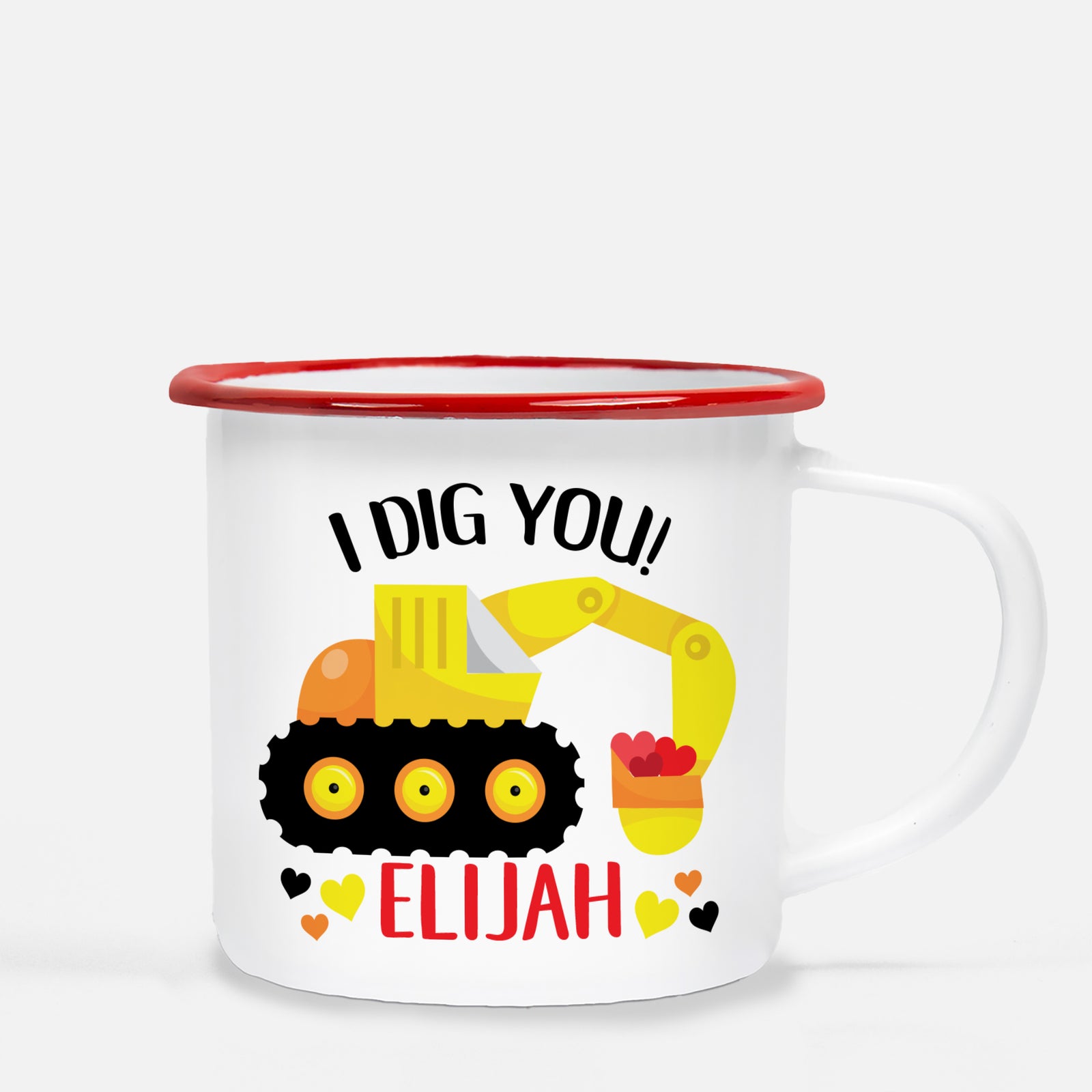 White enamel 12 oz metal camp mug with red lip | Yellow and orange Backhoe scooping up red hearts | "I Dig You" | Personalized with childs name | Valentine's Day gift