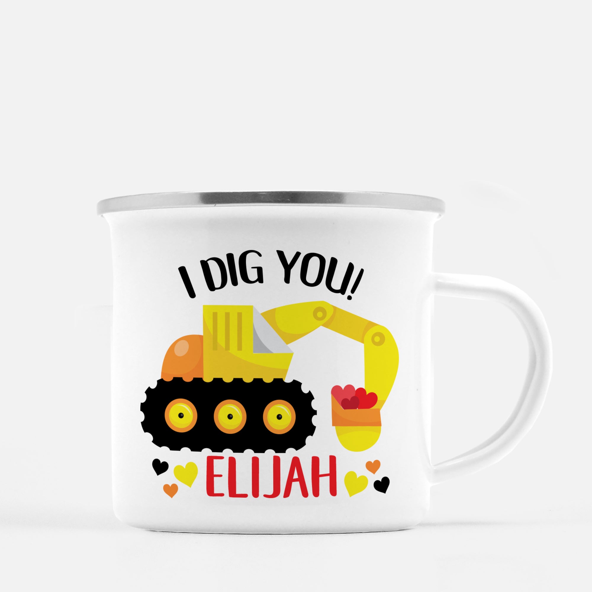 White enamel 12 oz metal camp mug with silver lip | Yellow and orange Backhoe scooping up red hearts | "I Dig You" | Personalized with childs name | Valentine's Day gift
