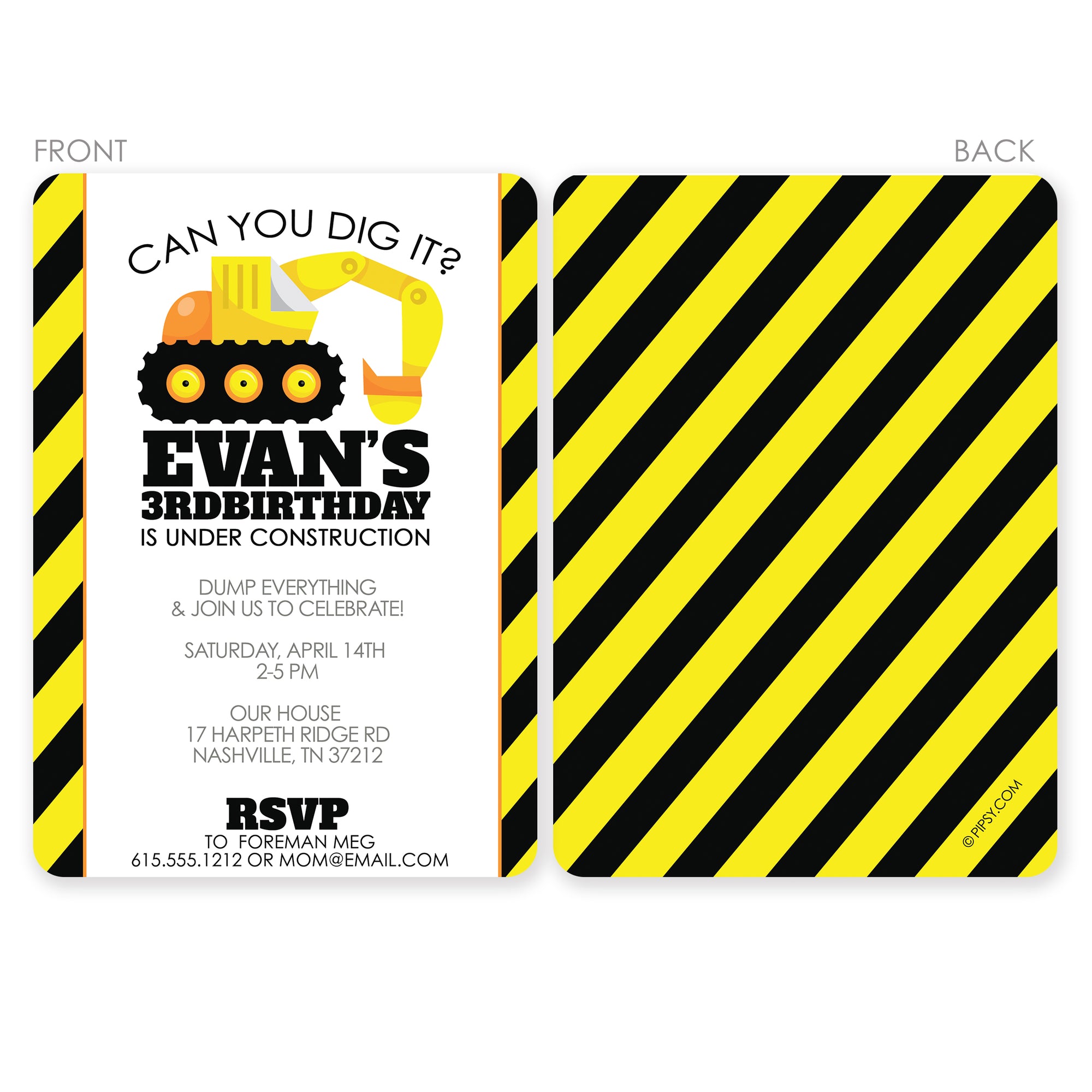 Backhoe Digger Party Birthday Invitation | PIPSY.COM | Black & Yellow, printed on thick cardstock with 2 sided printing, we can add a photo to the back, front back view